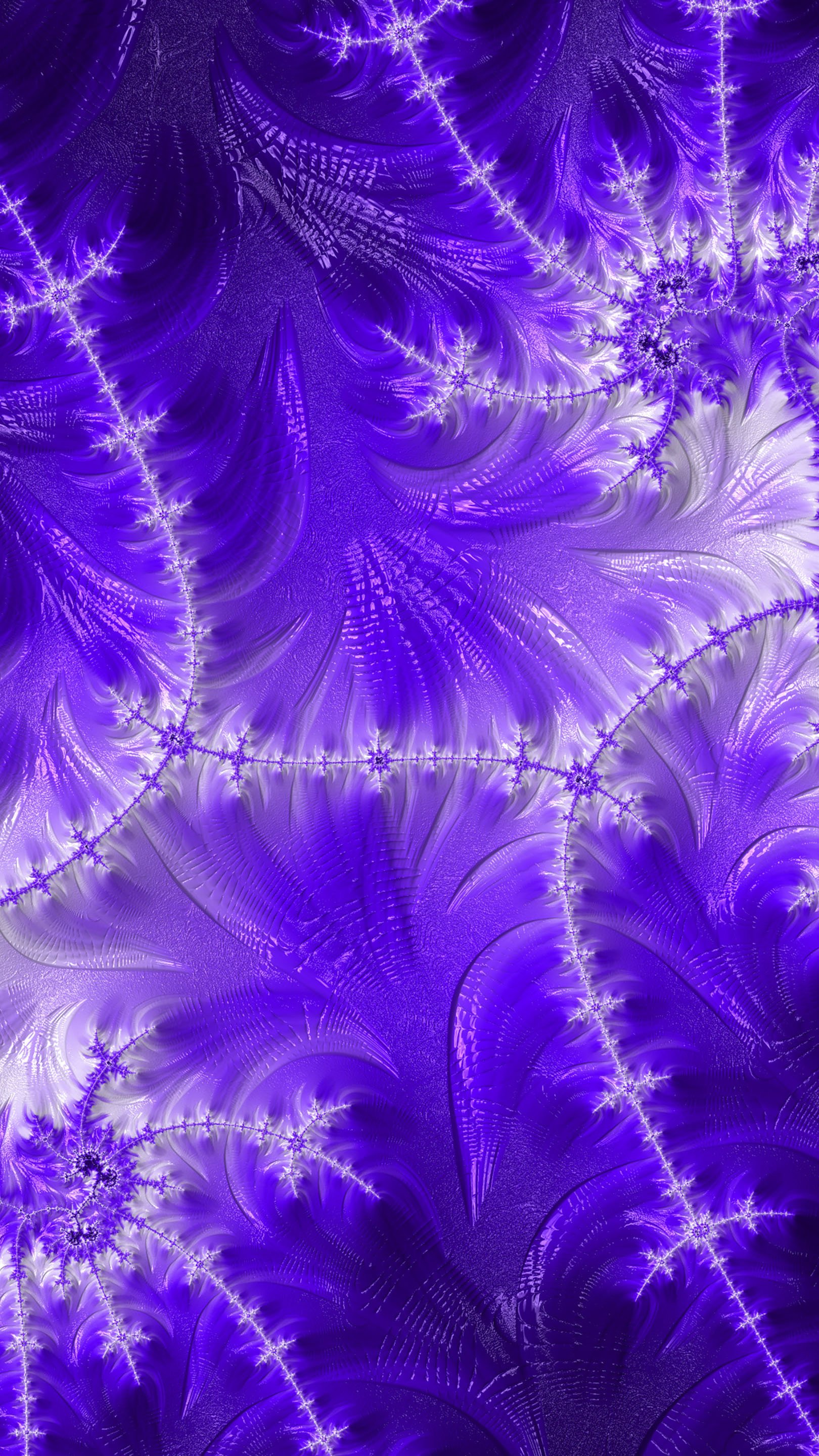Abstract fractal design in vibrant purple and white swirling patterns, designed as a phone wallpaper compatible with both iPhones and Android devices.