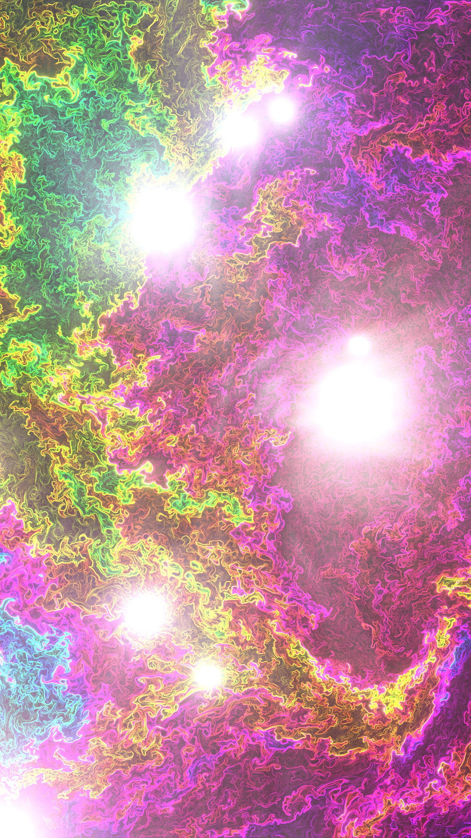 Abstract fractal phone wallpaper for iPhone and Android: neon pink, green and yellow swirling filaments with bright glowing white orbs on a textured cosmic background.