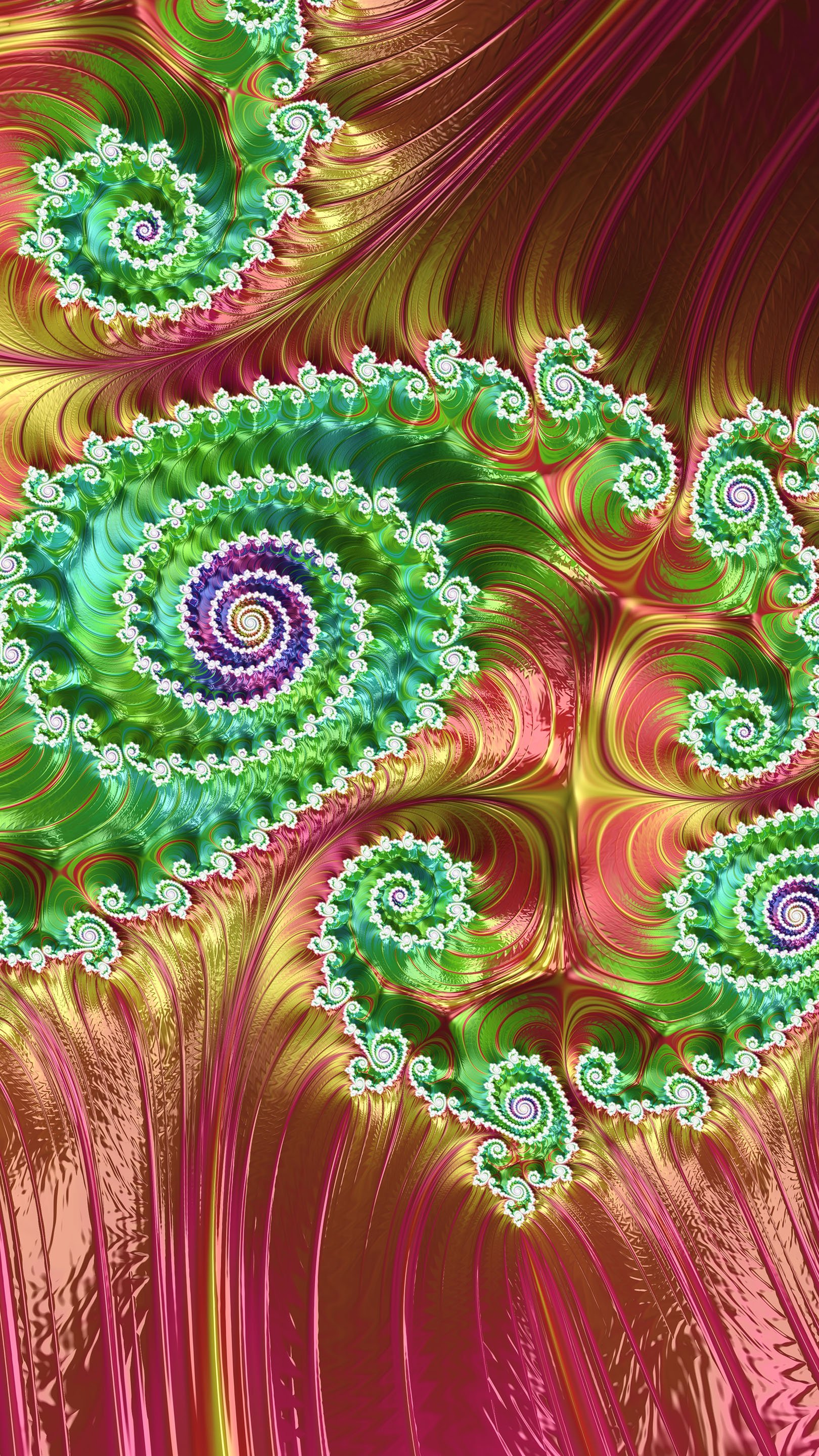 Vibrant abstract fractal phone wallpaper featuring intricate green spirals with white accents against a flowing red and gold textured background, designed for iPhone and Android displays.