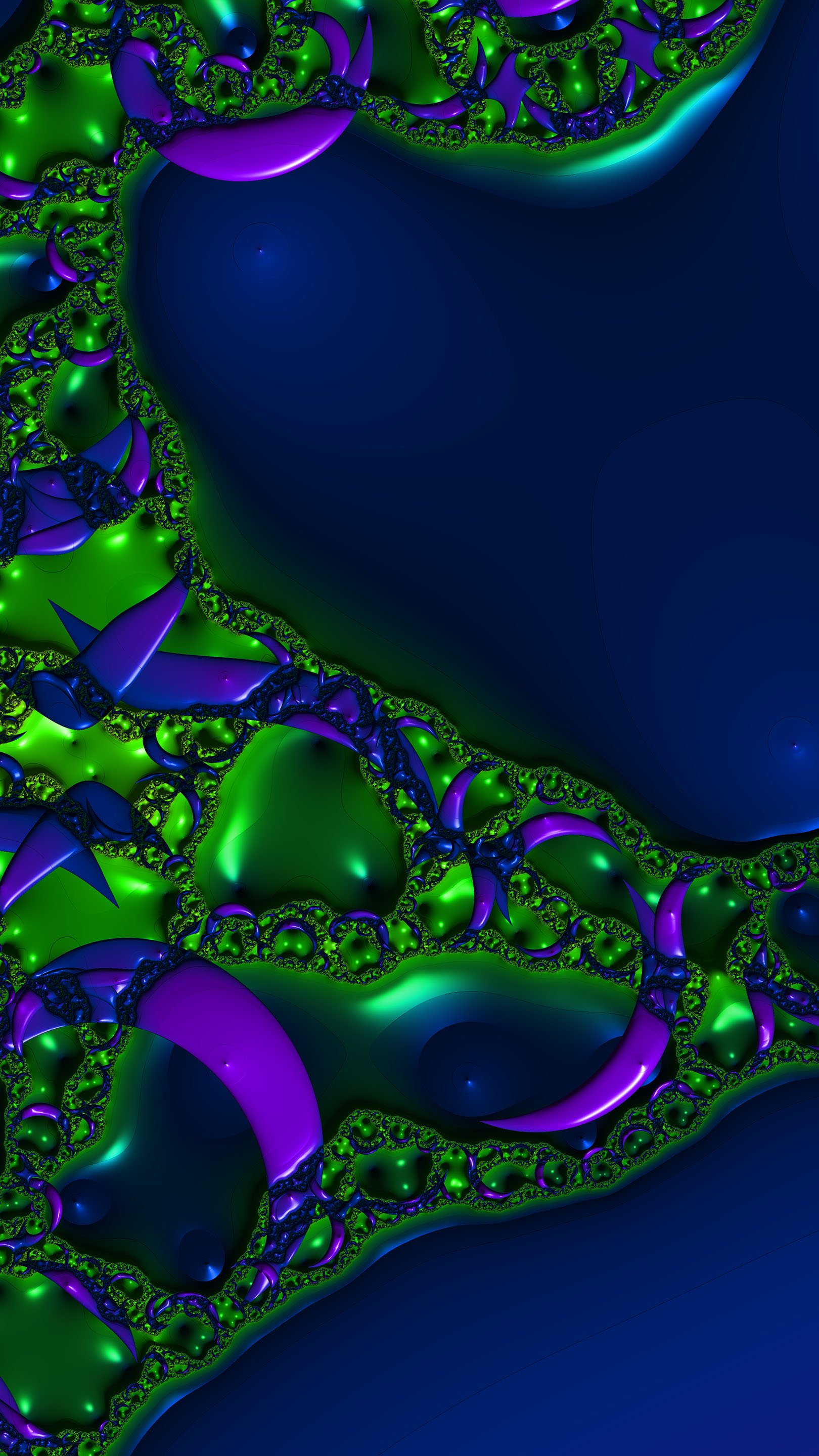 Abstract fractal design in vibrant green, purple, and blue hues, rendered as a dynamic phone wallpaper compatible with both iPhones and Android devices.