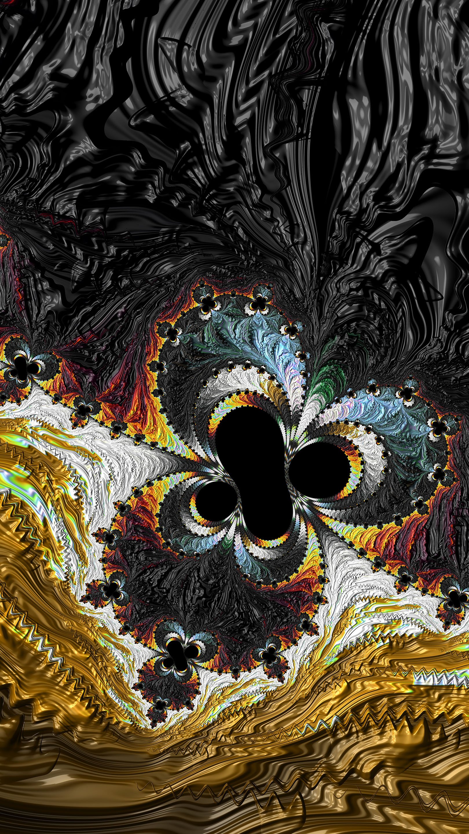 Abstract fractal design with swirling black, gold, white, and multicolored patterns, optimized as a dynamic phone wallpaper for iPhones and Android devices.