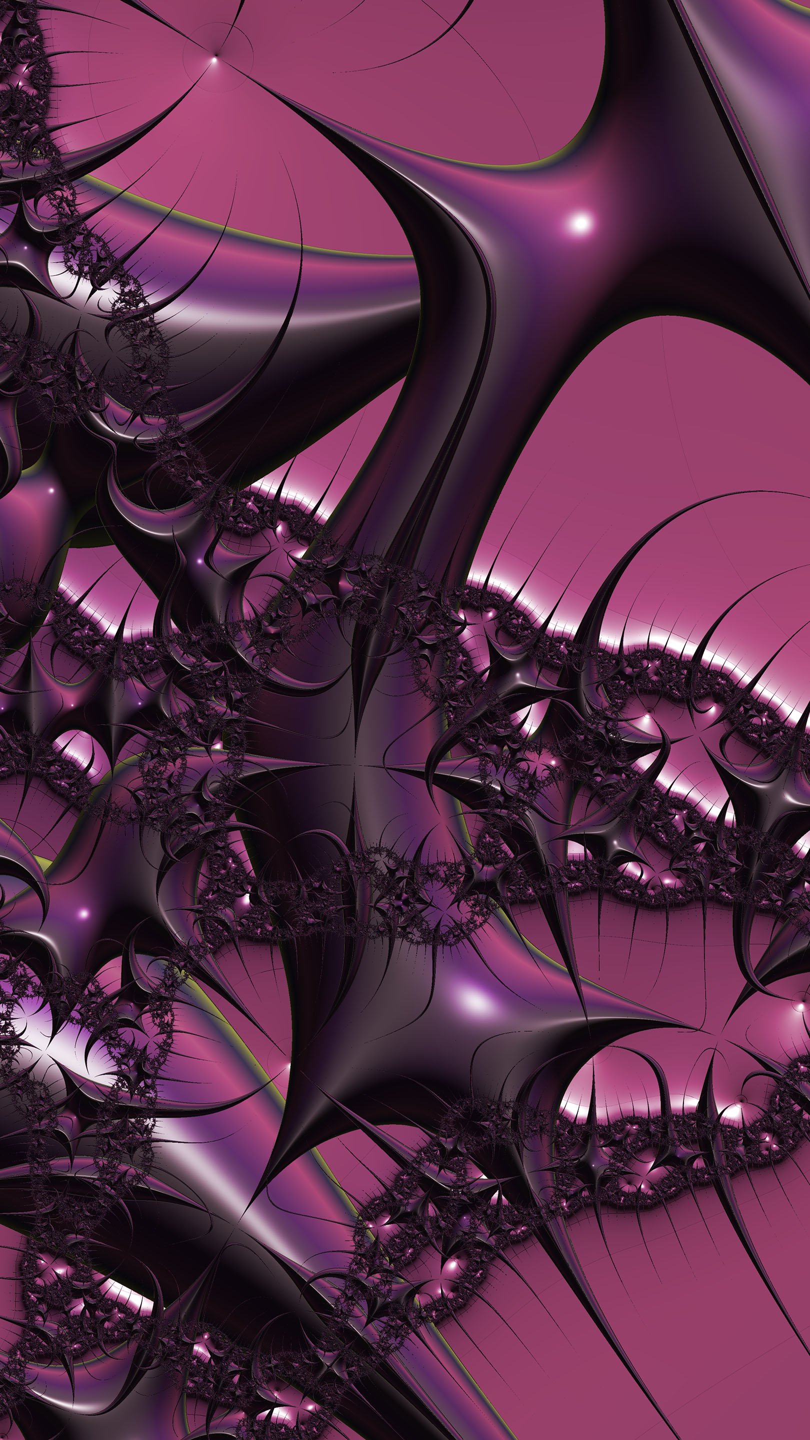 Abstract fractal phone wallpaper with deep magenta background, glossy black organic curves and spiky repeating spiral formations, reflective highlights and layered flowing textures.
