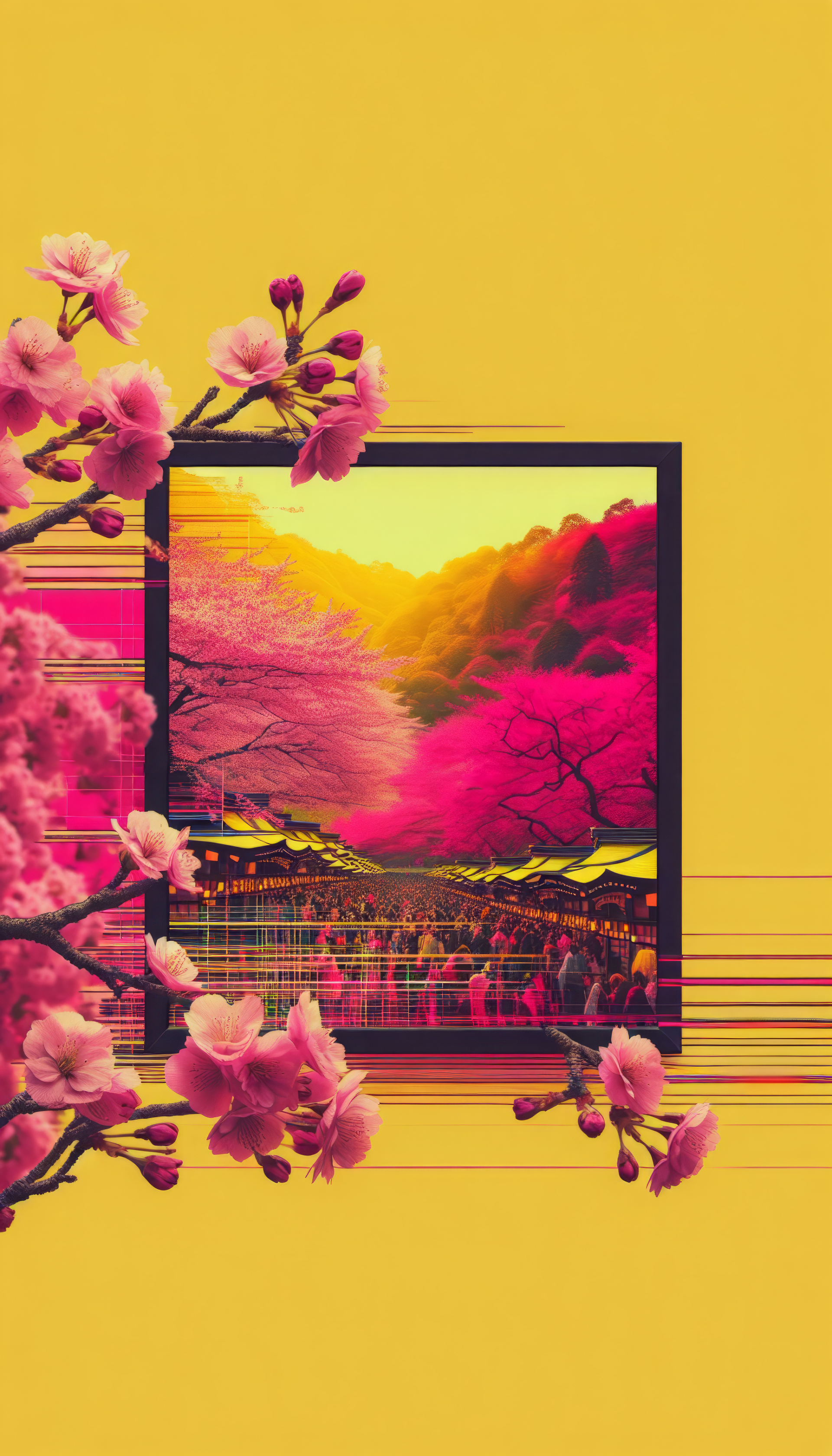 Vibrant cherry blossom festival-themed phone wallpaper with pink blooms on a striking yellow background.