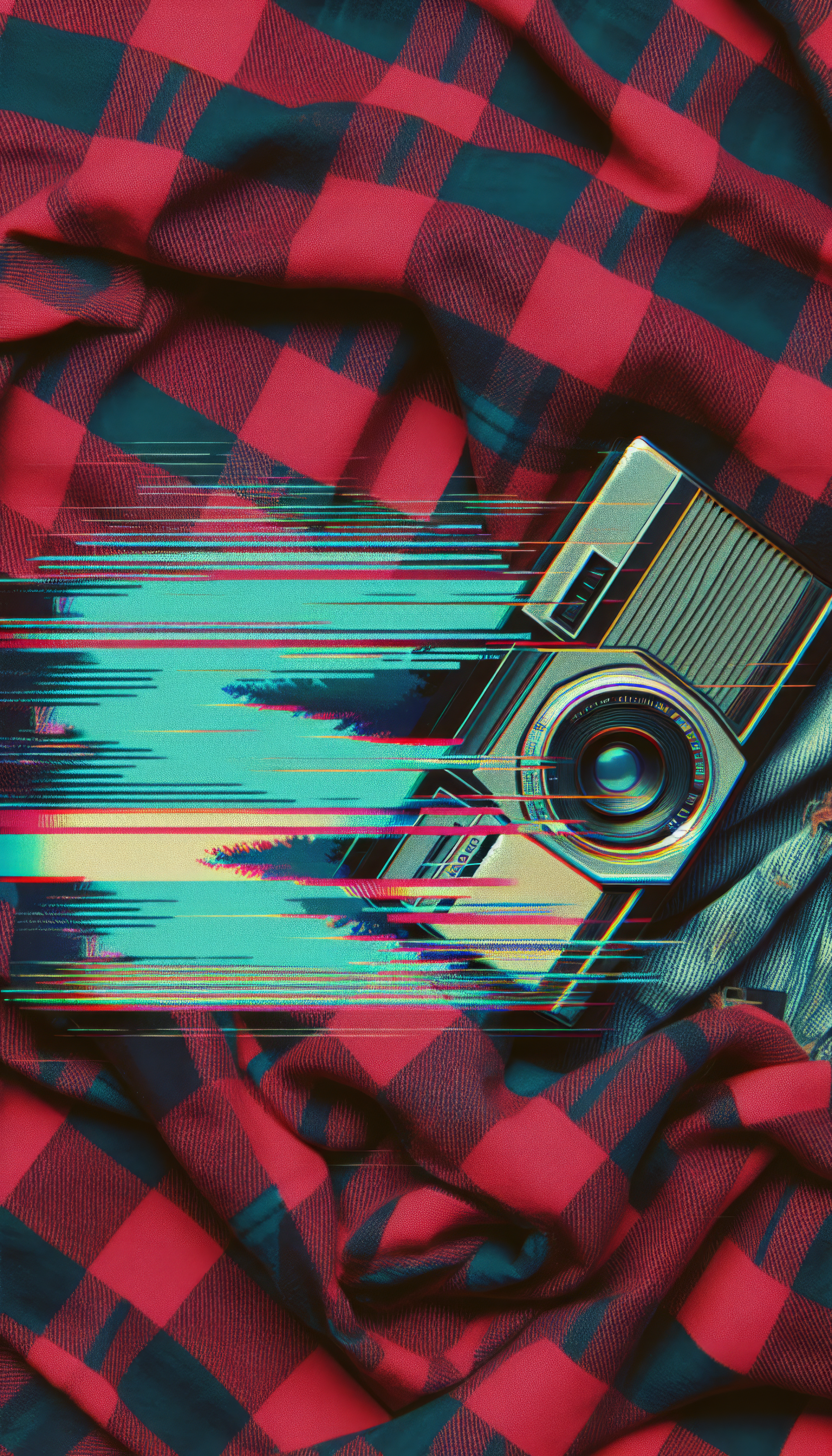 Retro-styled camera with glitch effect overlay on red and navy flannel pattern background for phone wallpaper.