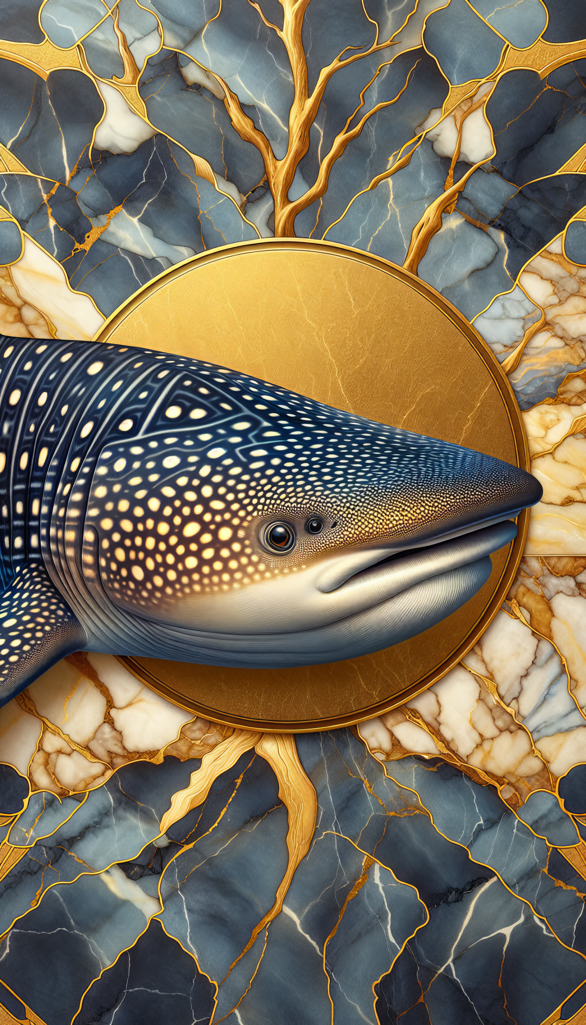 Whale shark illustration phone wallpaper featuring a golden circle and a marble background with blue and gold accents.