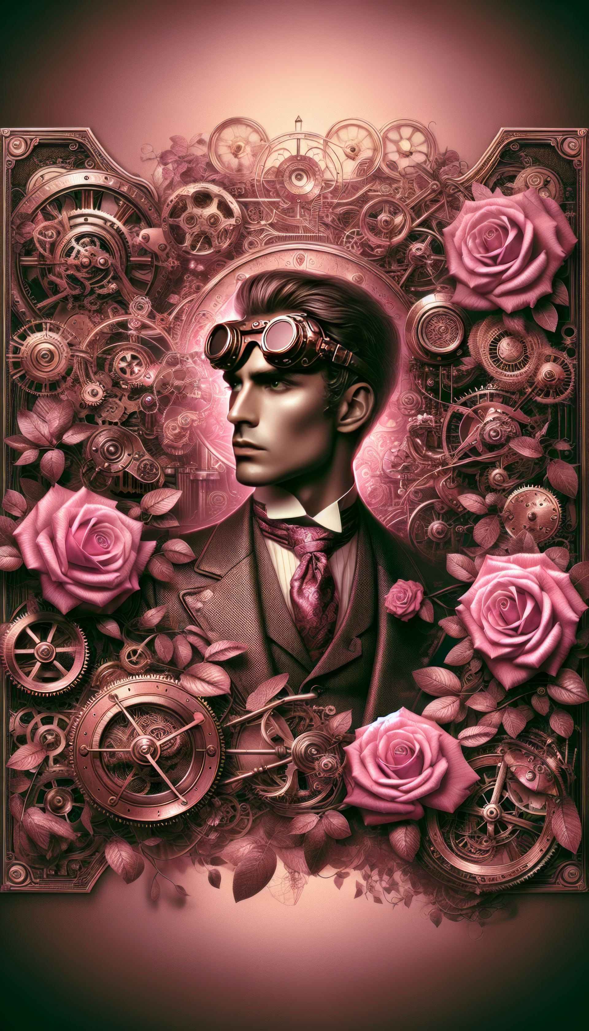 Elegant pink aesthetic phone wallpaper featuring a stylized man surrounded by roses and mechanical gears.