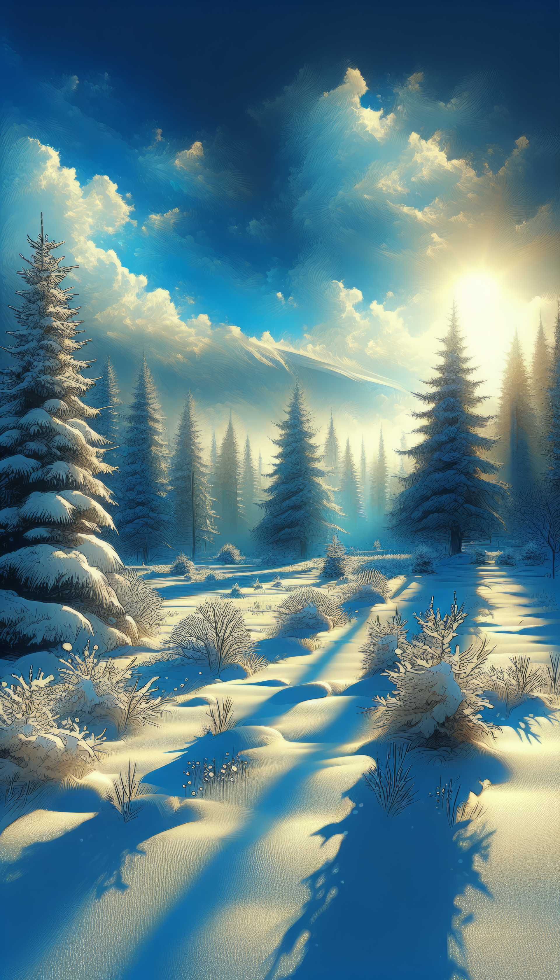 Snowy winter scene wallpaper for phone with sunbeams piercing through pine trees and casting shadows on the pristine snow.