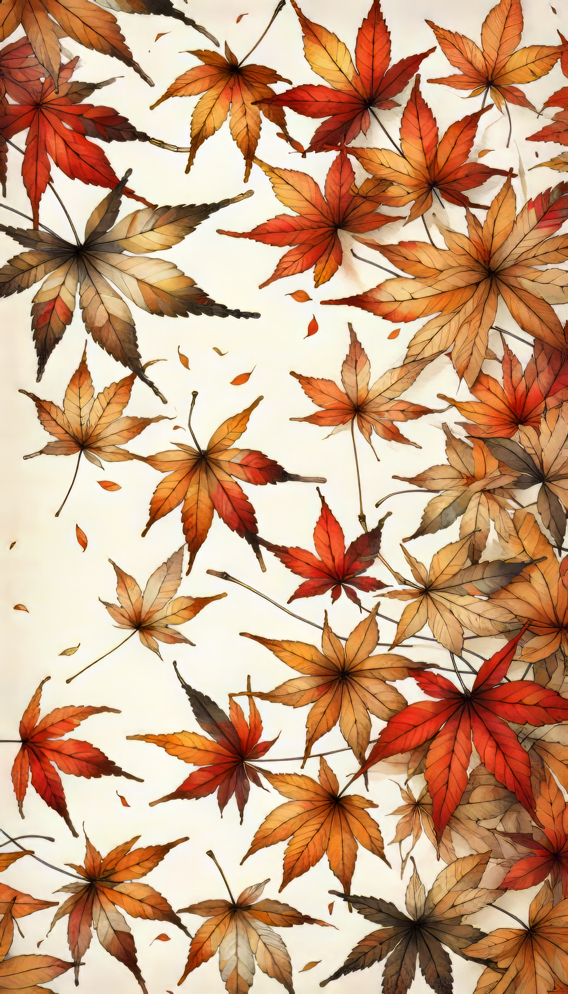 A vibrant phone wallpaper featuring an array of fall leaves in shades of orange, red, and yellow scattered against a soft, light background, capturing the essence of autumn.