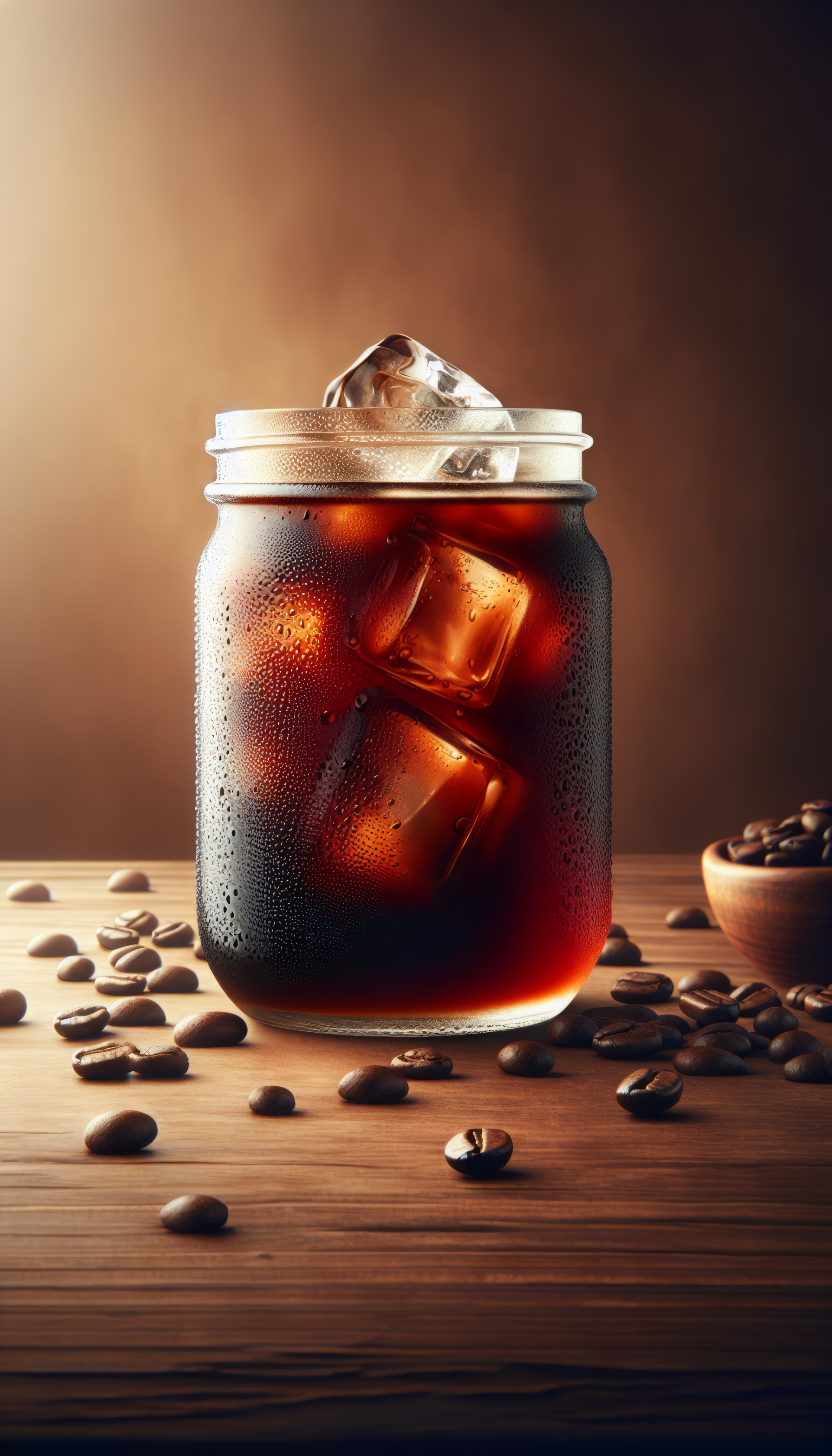 A refreshing jar of cold brew coffee, filled with ice cubes, sits on a wooden surface surrounded by coffee beans, making an appealing phone wallpaper.