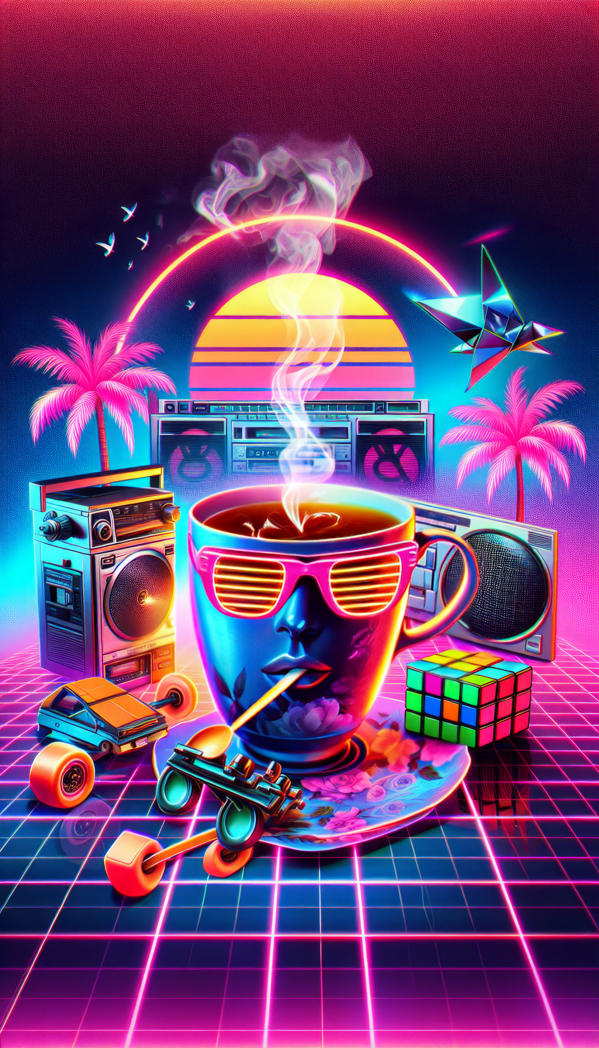 Vibrant earl grey tea wallpaper with retro neon aesthetic featuring a steaming cup, sunglasses, palm trees, and cassette player.