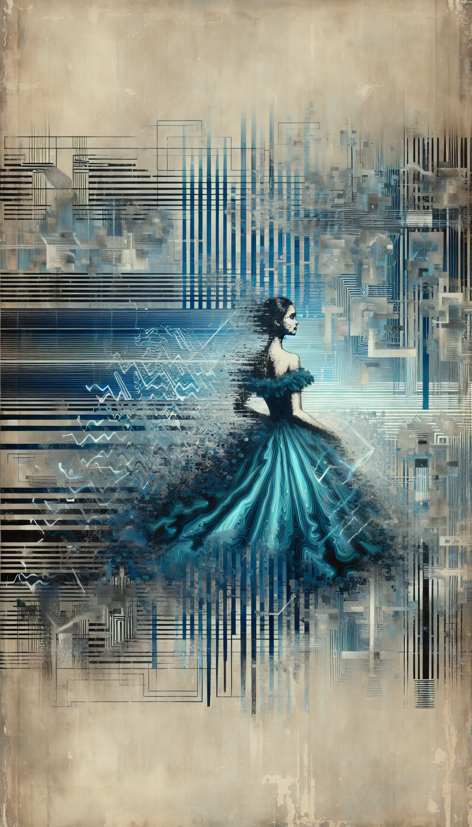 Artistic phone wallpaper featuring a woman in a flowing blue dress against an abstract digital background.