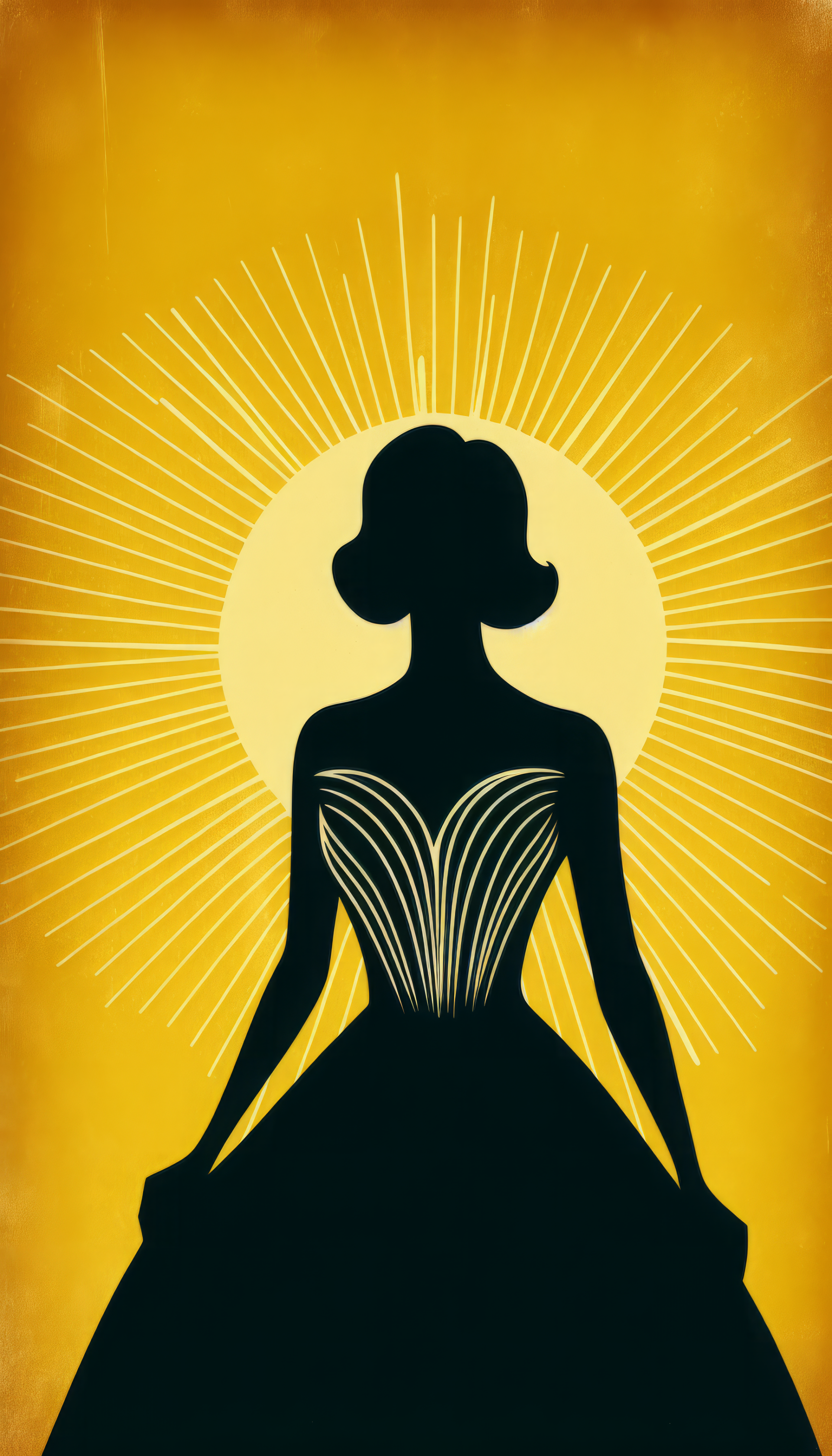 Elegant silhouette of a lady with radiant halo background phone wallpaper.