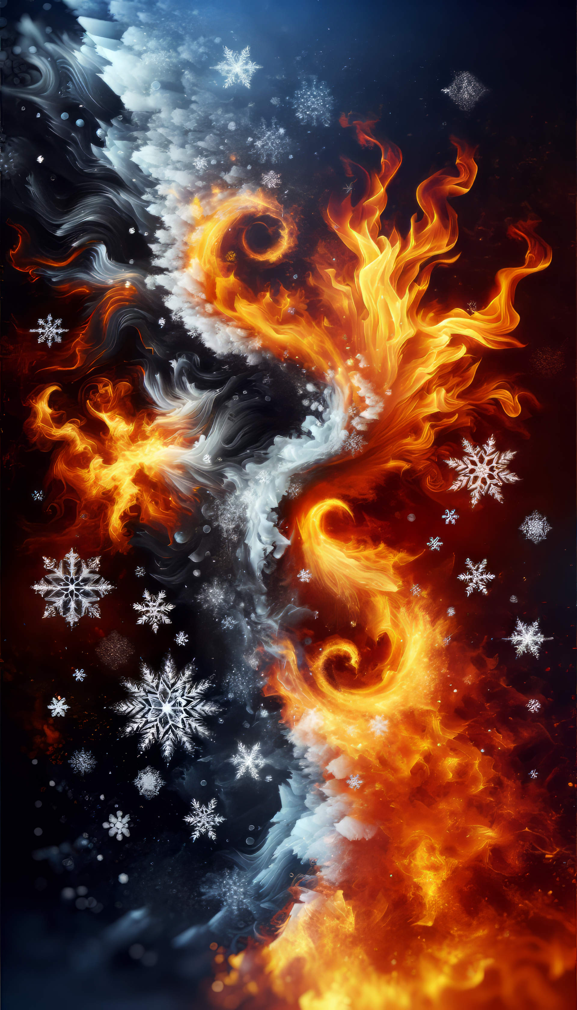 Creative phone wallpaper featuring a fiery phoenix versus icy dragon concept with snowflakes.