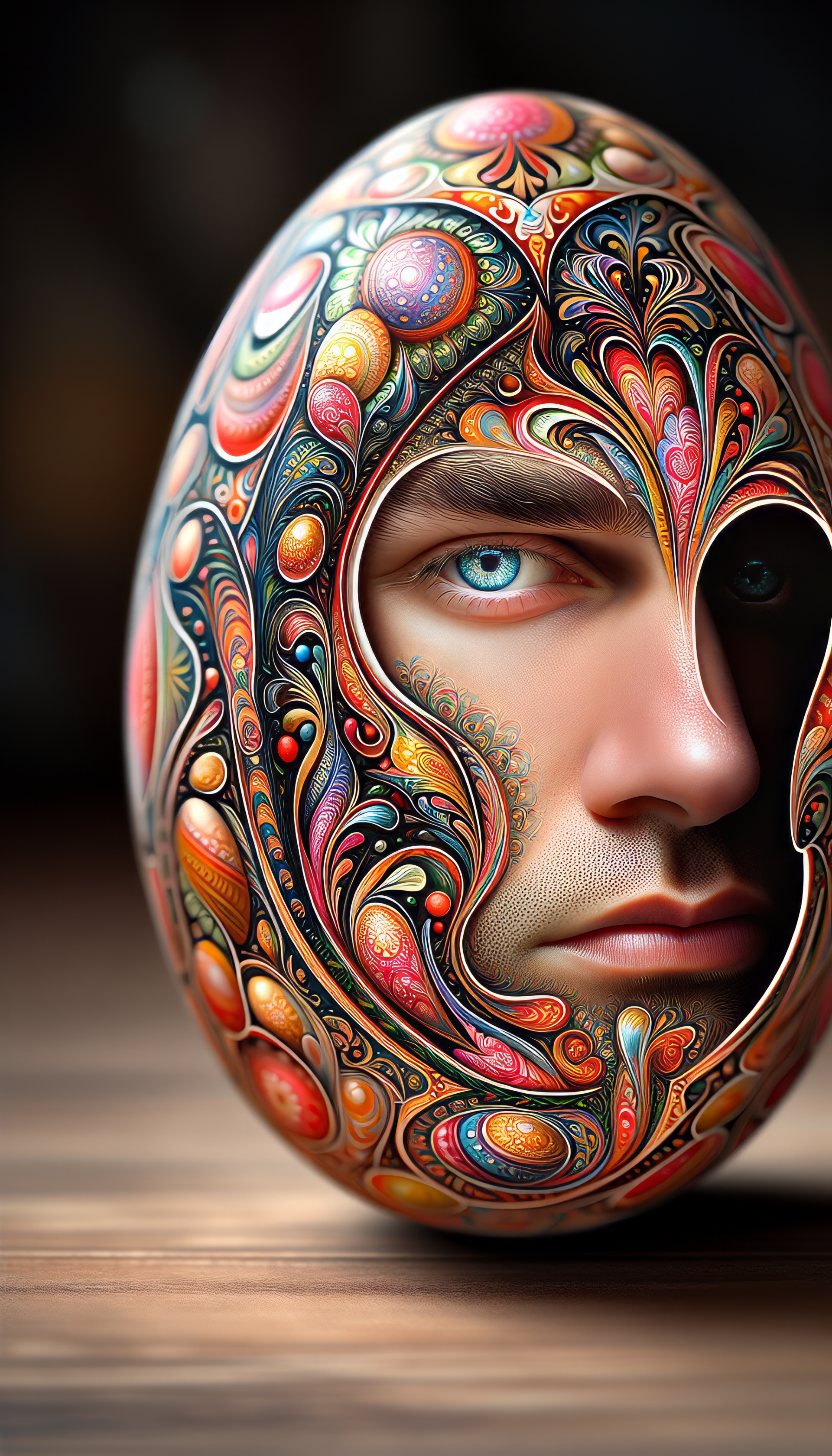 Artistic phone wallpaper featuring an ornate egg-shaped design with a human eye and intricate patterns.