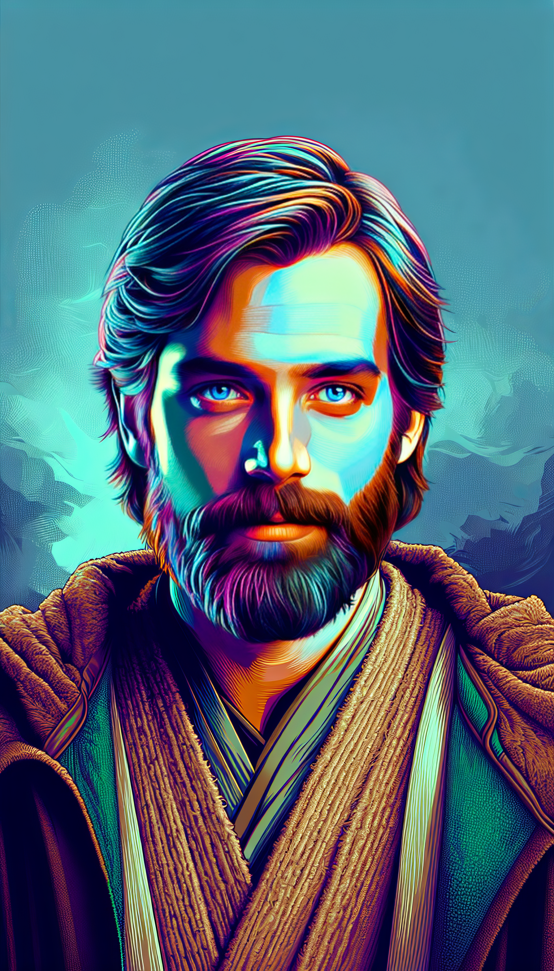 Colorful illustrated phone wallpaper featuring a portrait of Obi-Wan Kenobi in stylized art.