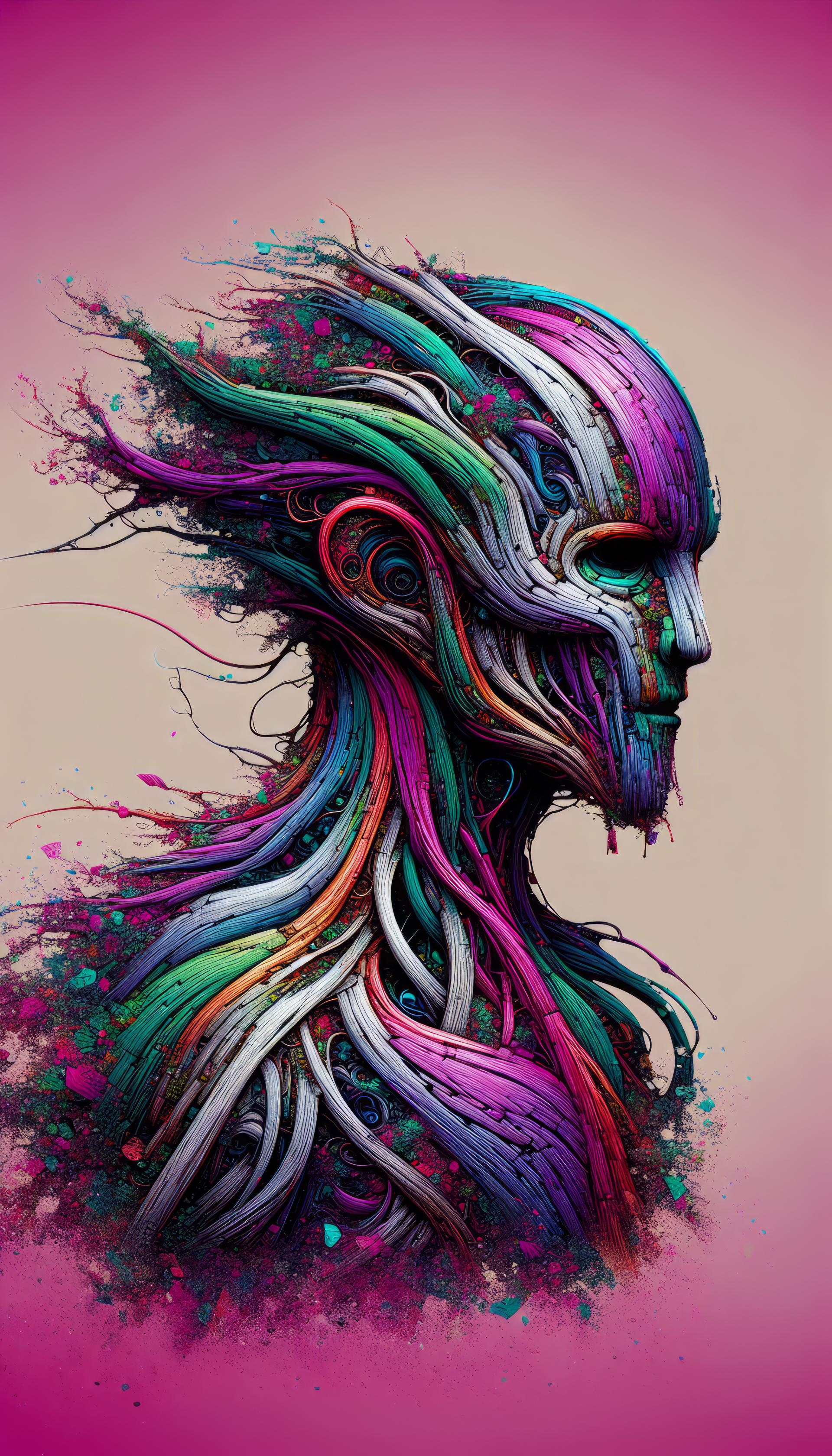 Abstract colorful art of a stylized profile portrait with flowing lines for a creative phone wallpaper background.