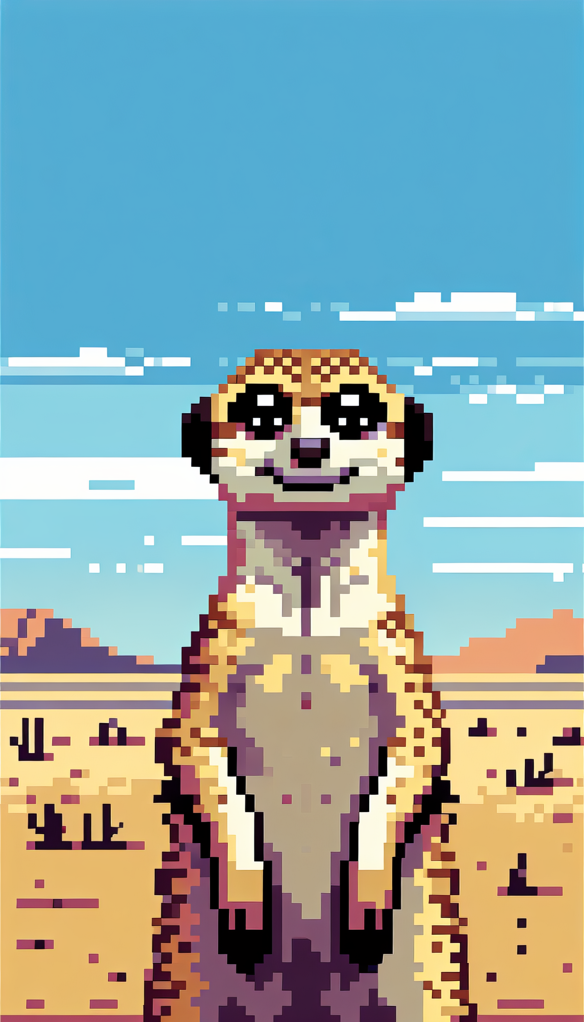 A pixel art meerkat stands in a desert landscape, with blue skies and distant mountains, creating a vibrant phone wallpaper design.