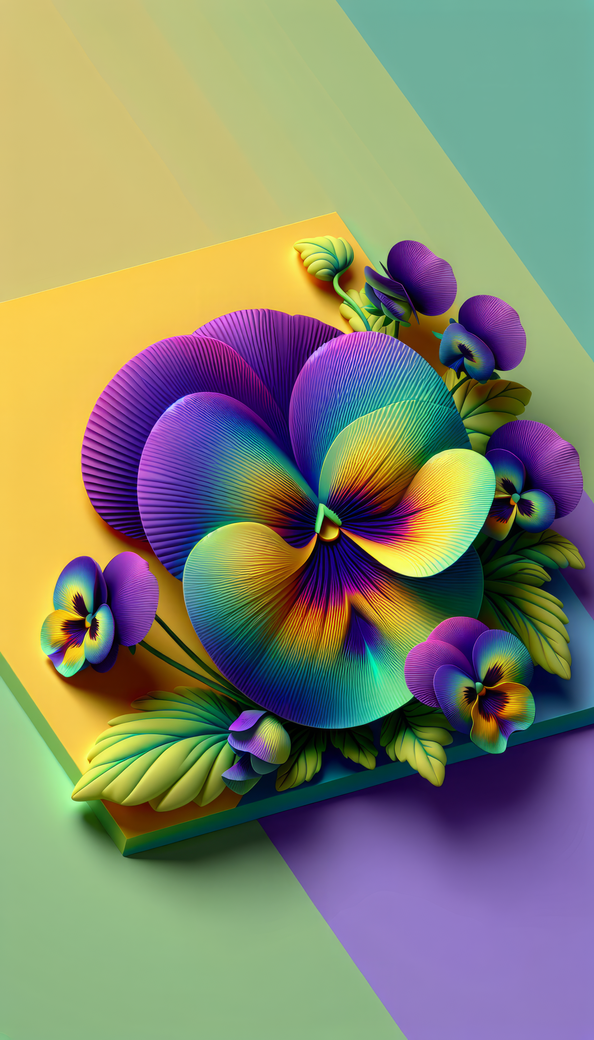 Colorful pansy flowers digital art as a phone wallpaper with vibrant yellow, purple, and green geometric background.