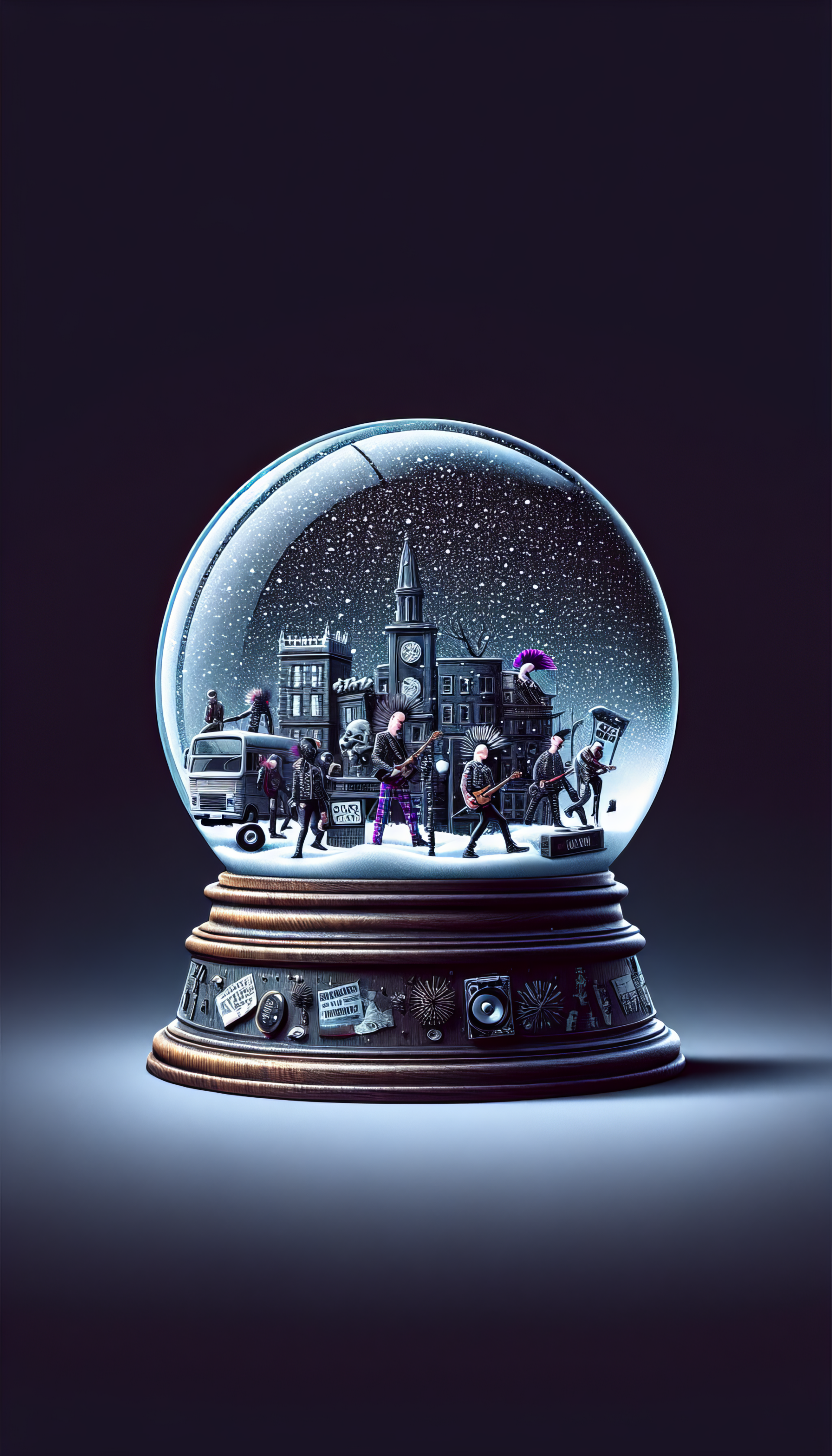 Artistic phone wallpaper featuring a detailed snow globe with a miniature cityscape and figures inside, set against a dark background.