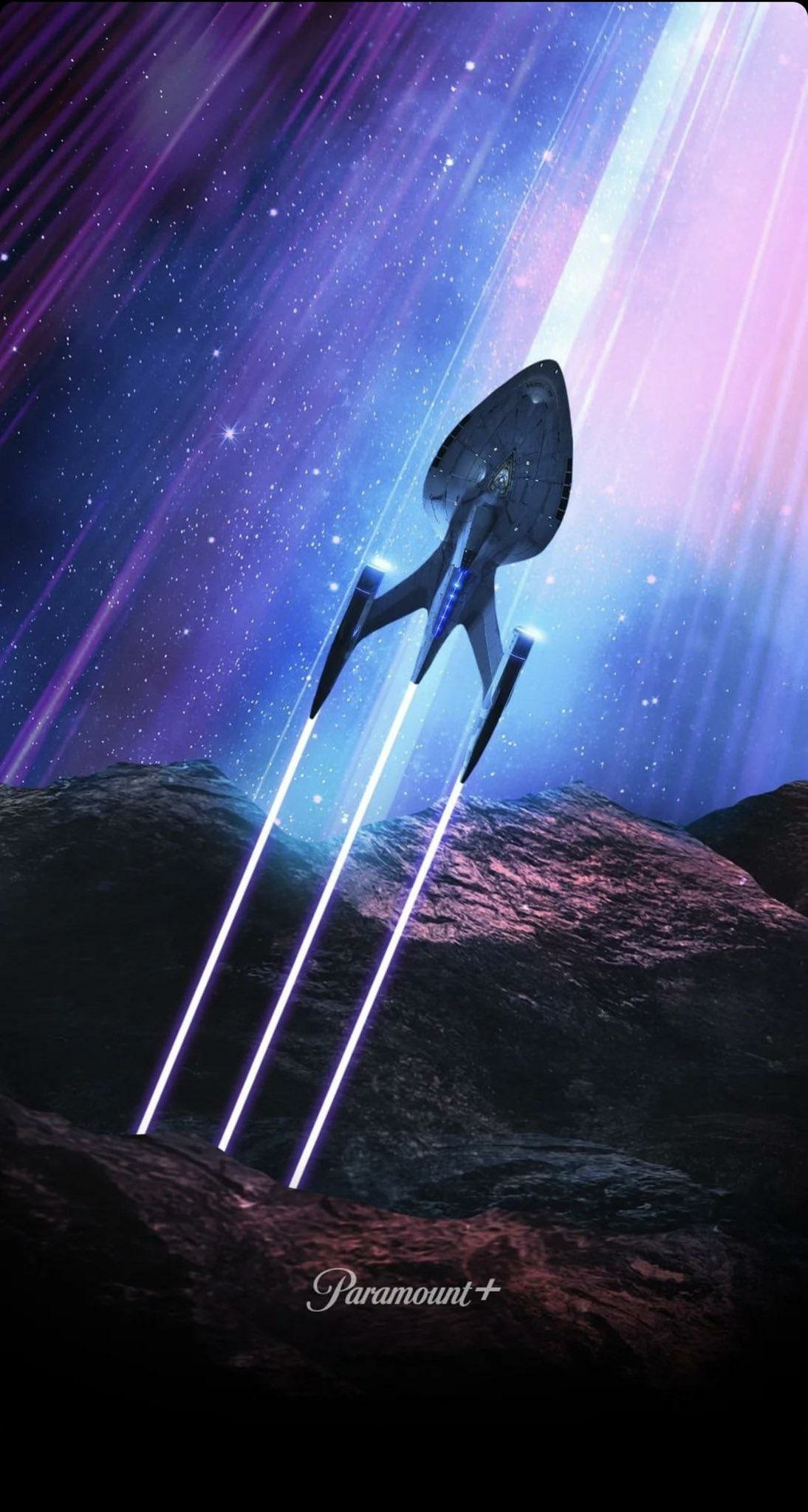 Star Trek: Prodigy spaceship soaring through space with colorful nebula in the background, phone wallpaper.
