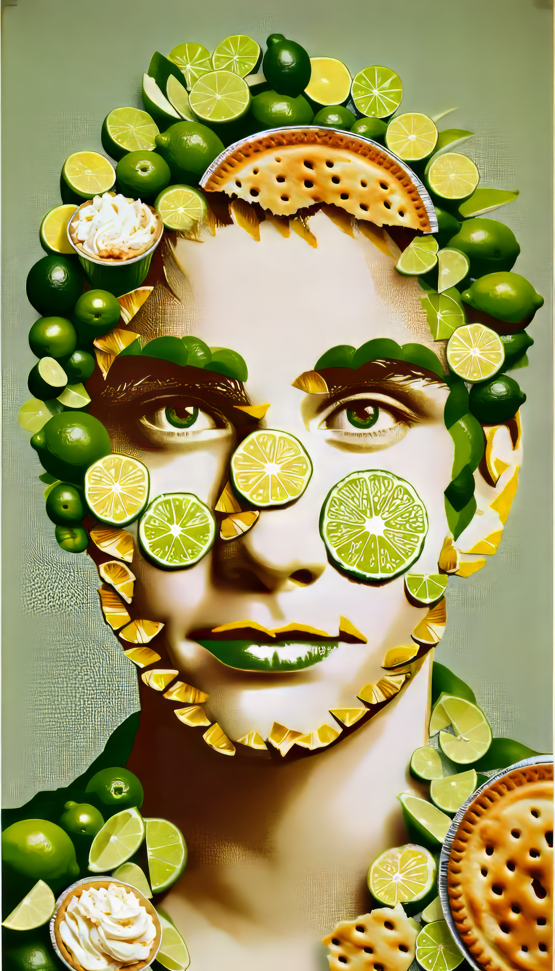 Creative key lime pie-themed phone wallpaper featuring a stylized face adorned with lime slices and pie elements.