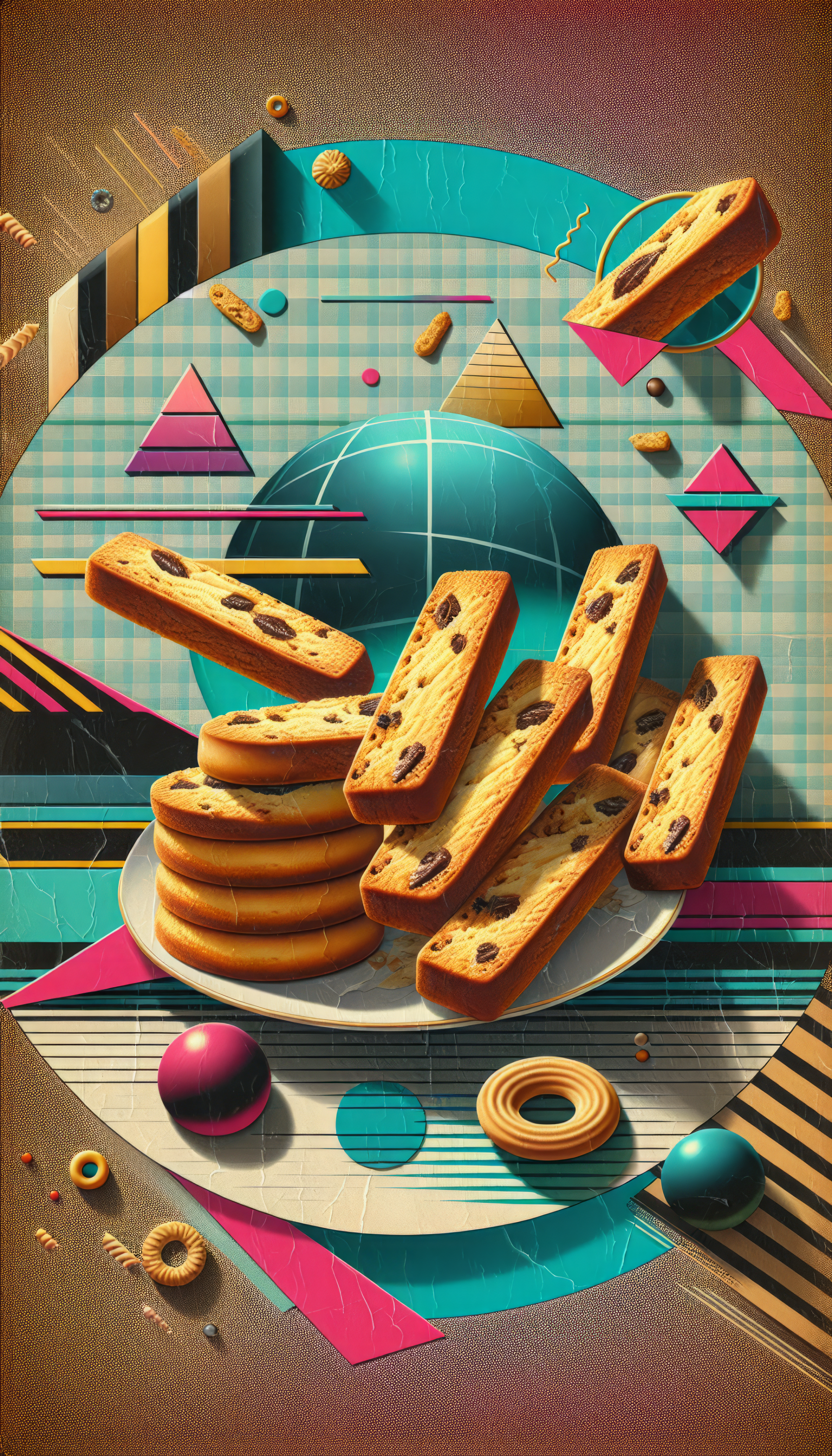 A vibrant phone wallpaper featuring a plate of biscotti alongside a colorful geometric background of shapes and patterns, creating a visually striking composition.