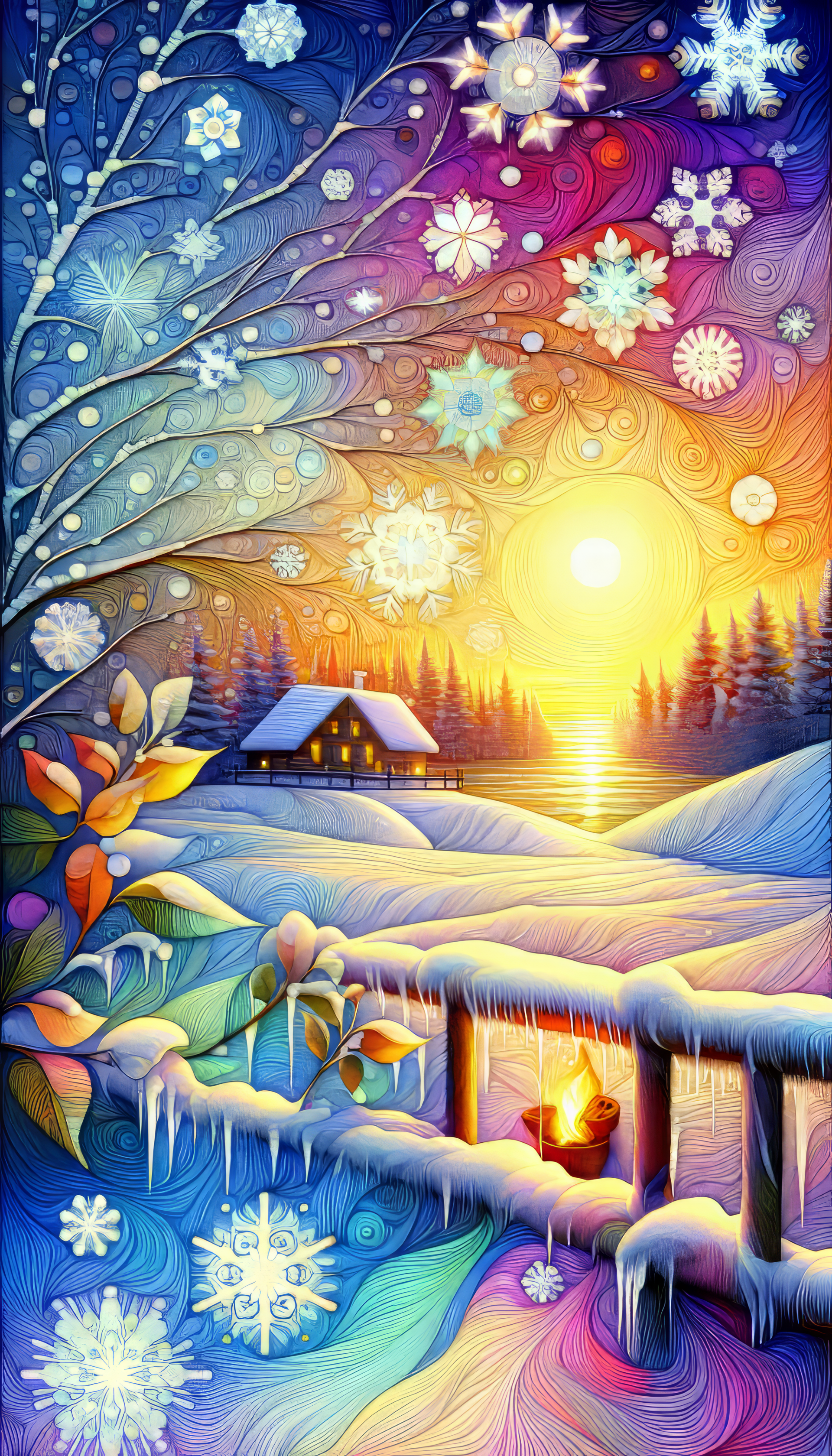 Colorful winter wonderland December phone wallpaper with snowy landscape and cozy cabin at sunset.