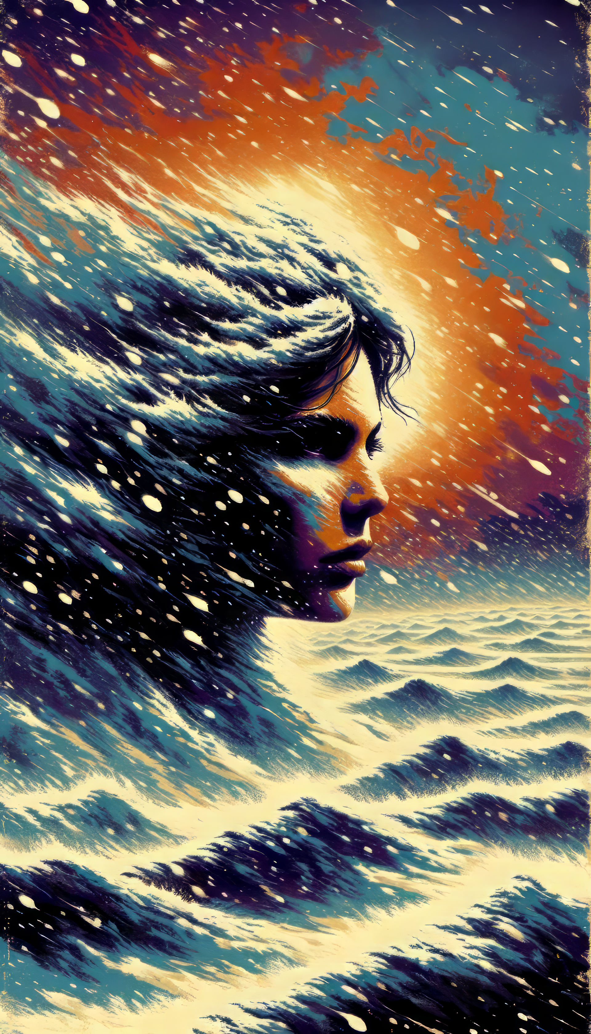 Artistic depiction of a person's profile blending with a snowstorm for a phone wallpaper.
