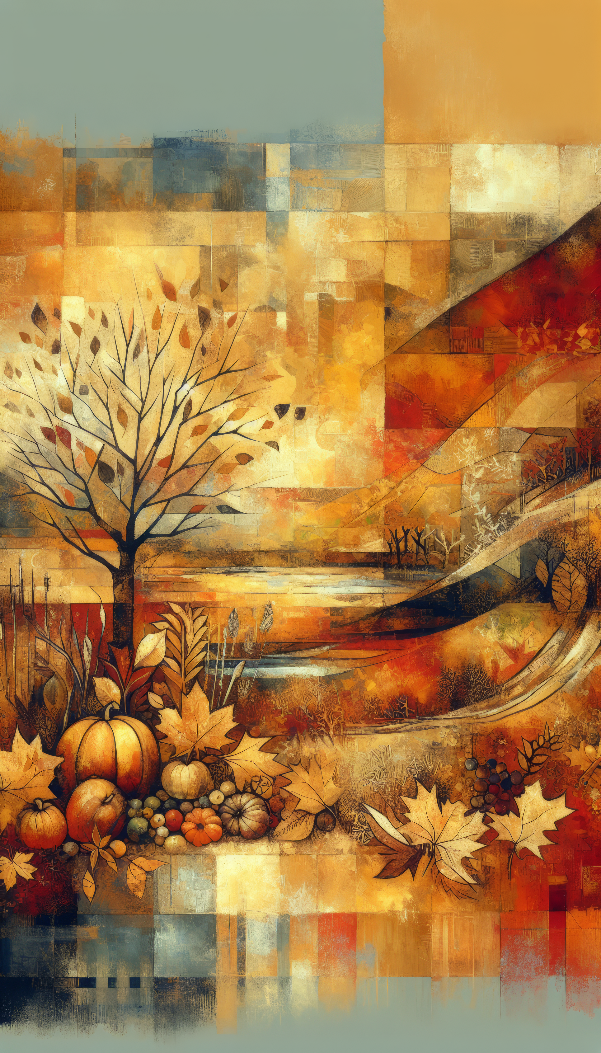 Abstract autumn-themed phone wallpaper featuring warm fall colors with a stylized tree, pumpkins, and foliage.