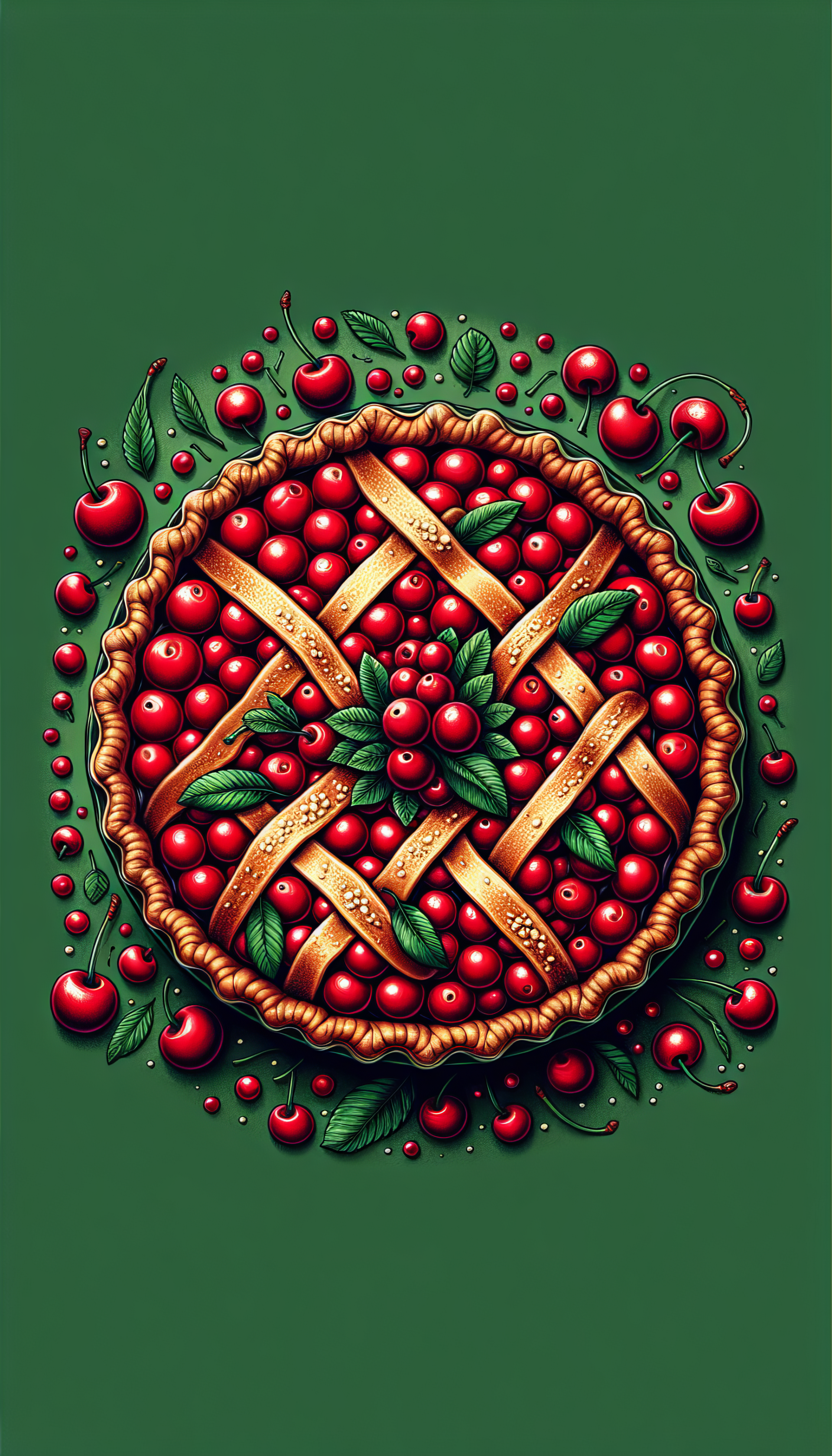 Illustration of a delicious cherry pie for phone wallpaper with a green background.