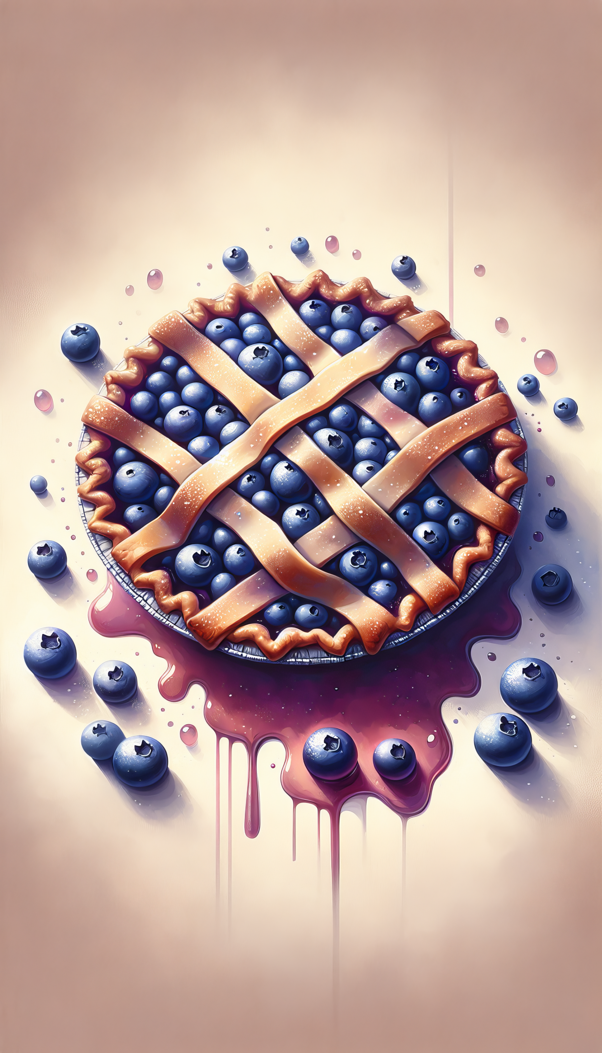 A vibrant blueberry pie with a golden lattice crust, surrounded by fresh blueberries and drizzles of berry juice, showcased as a striking phone wallpaper.