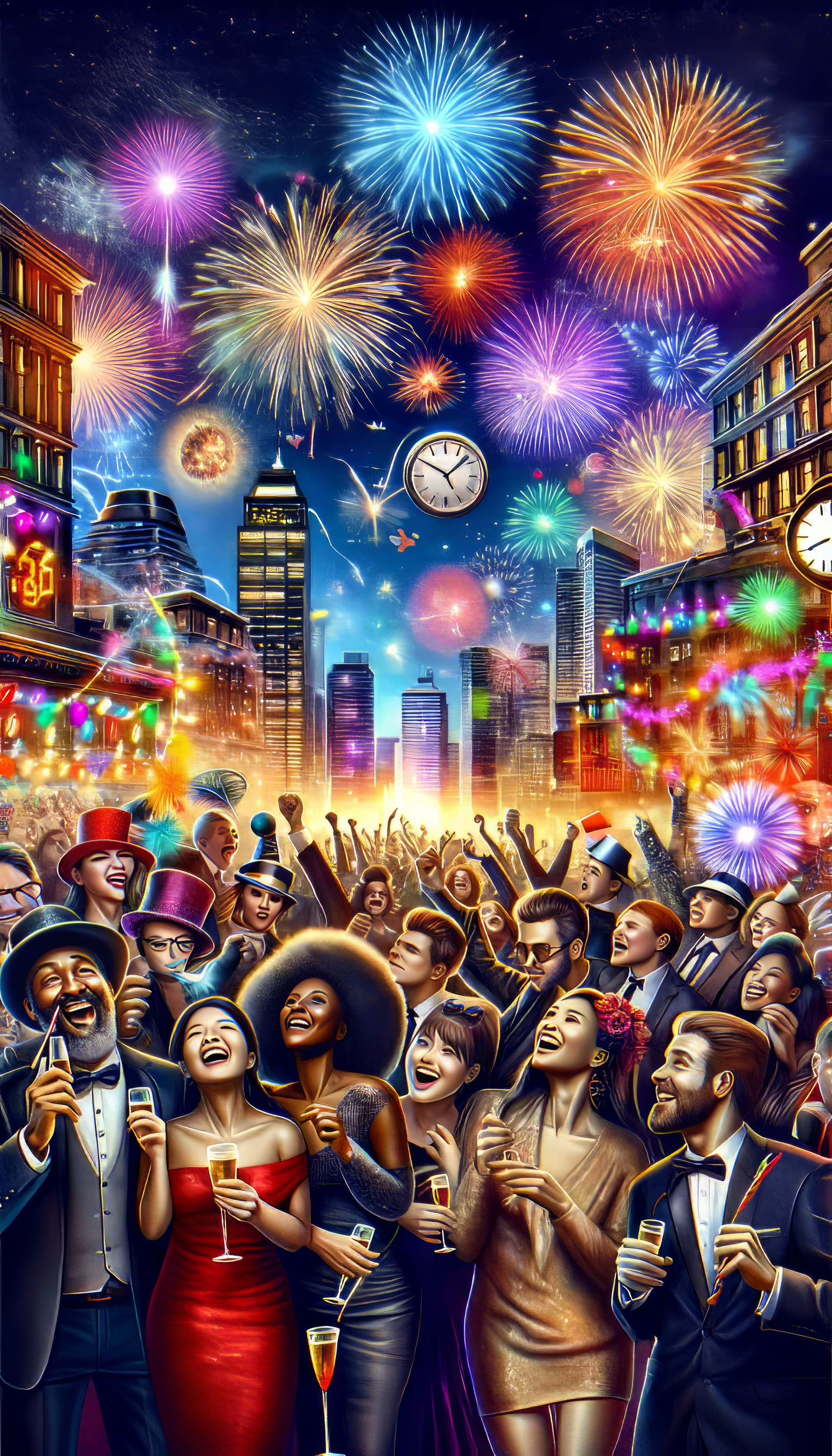 Vibrant New Year's Eve celebration wallpaper featuring a jubilant crowd with raised glasses and colorful fireworks illuminating the night sky above city buildings.