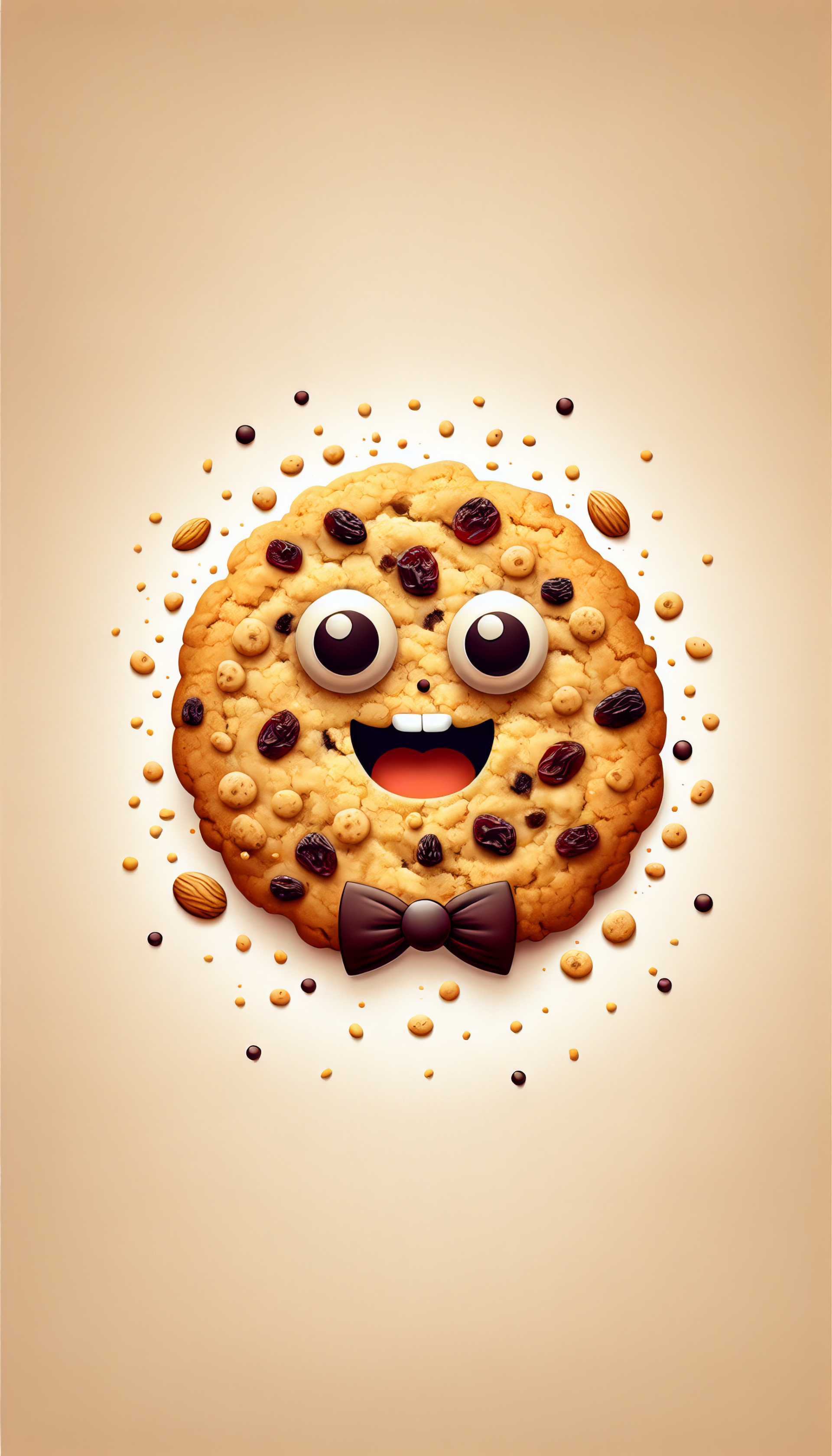 A cheerful oatmeal raisin cookie with big eyes and a bowtie, surrounded by scattered nuts and raisins, designed as a fun phone wallpaper.