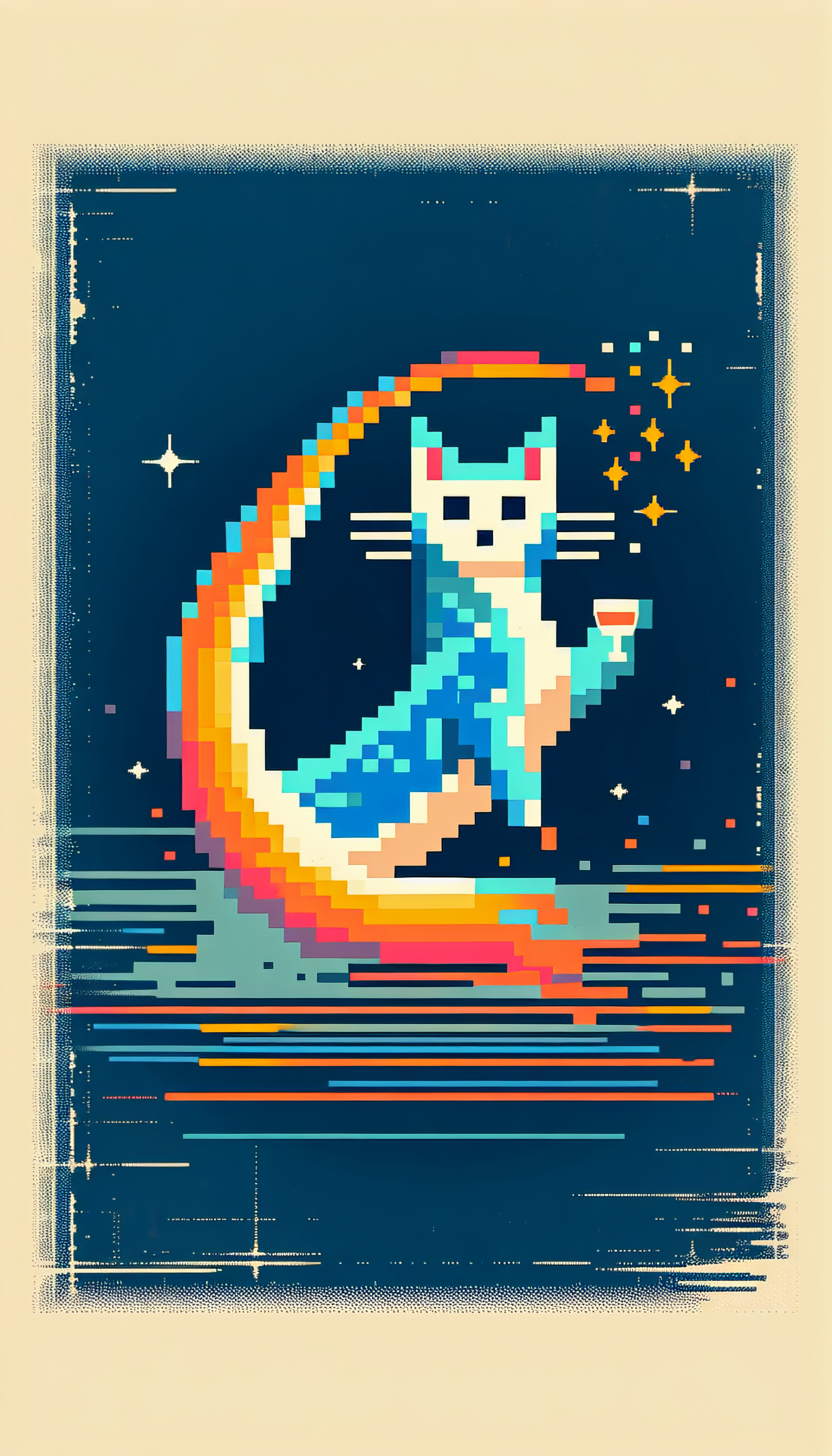 Pixel art illustration of Nyan Cat flying through a starry space with rainbow trail, designed for phone wallpaper use.