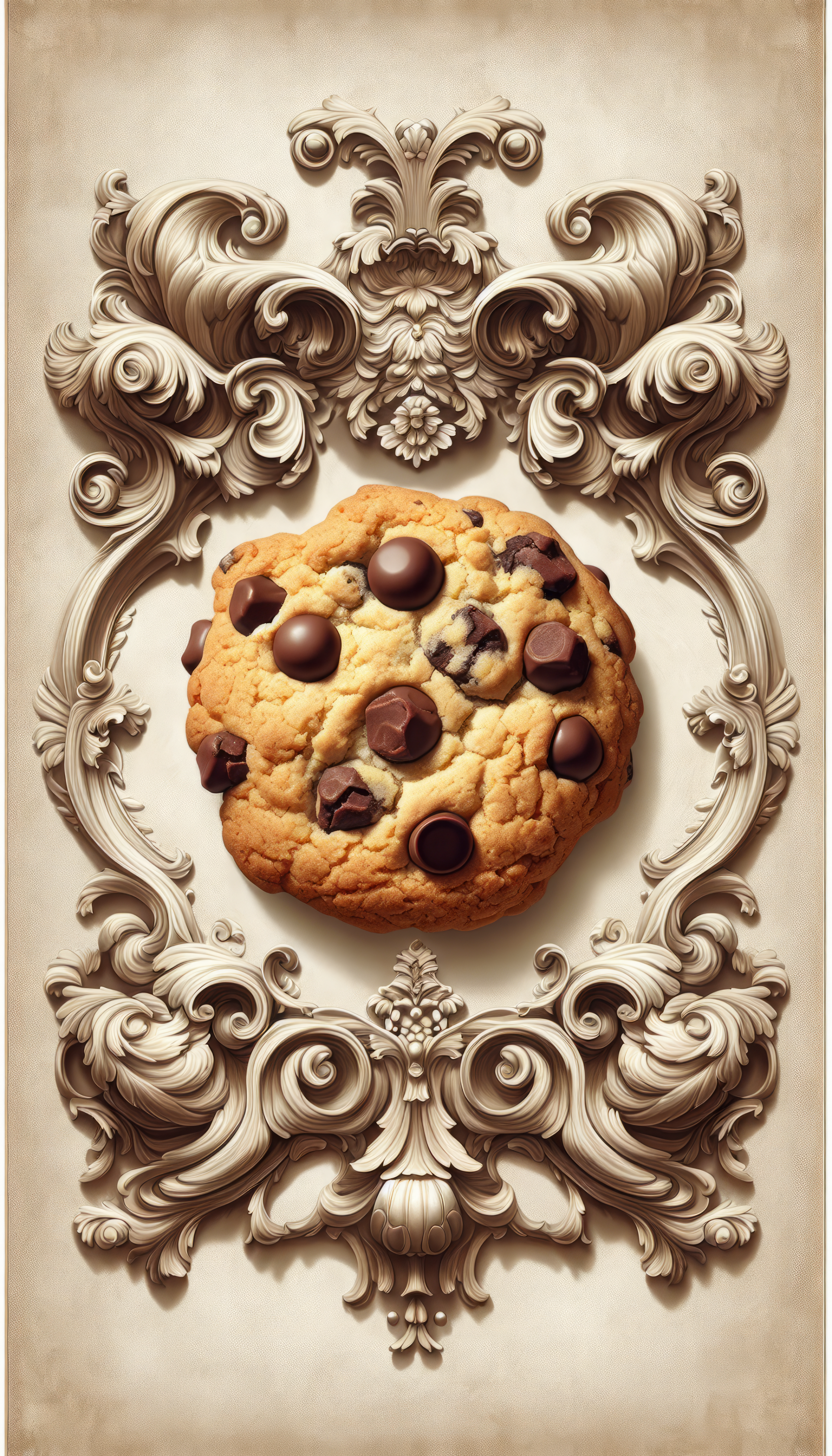 A beautifully styled wallpaper featuring a detailed chocolate chip cookie centered against an ornate, vintage backdrop.