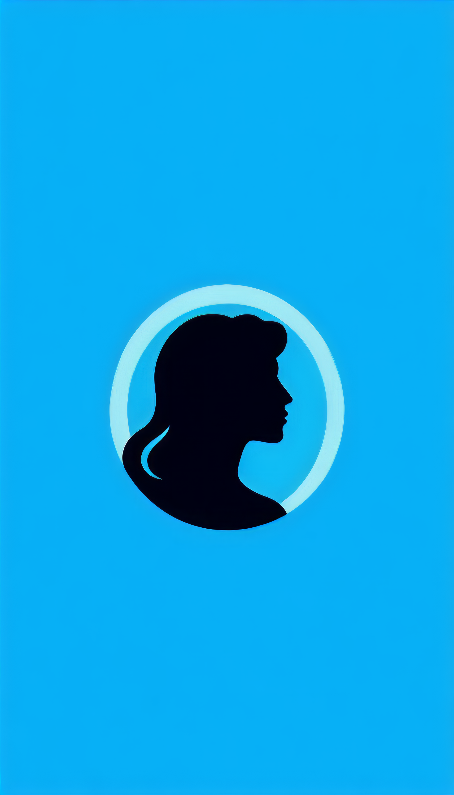 A minimalist phone wallpaper featuring a silhouette of a woman within a light blue circle, set against a vibrant blue background, embodying a striking blue aesthetic.