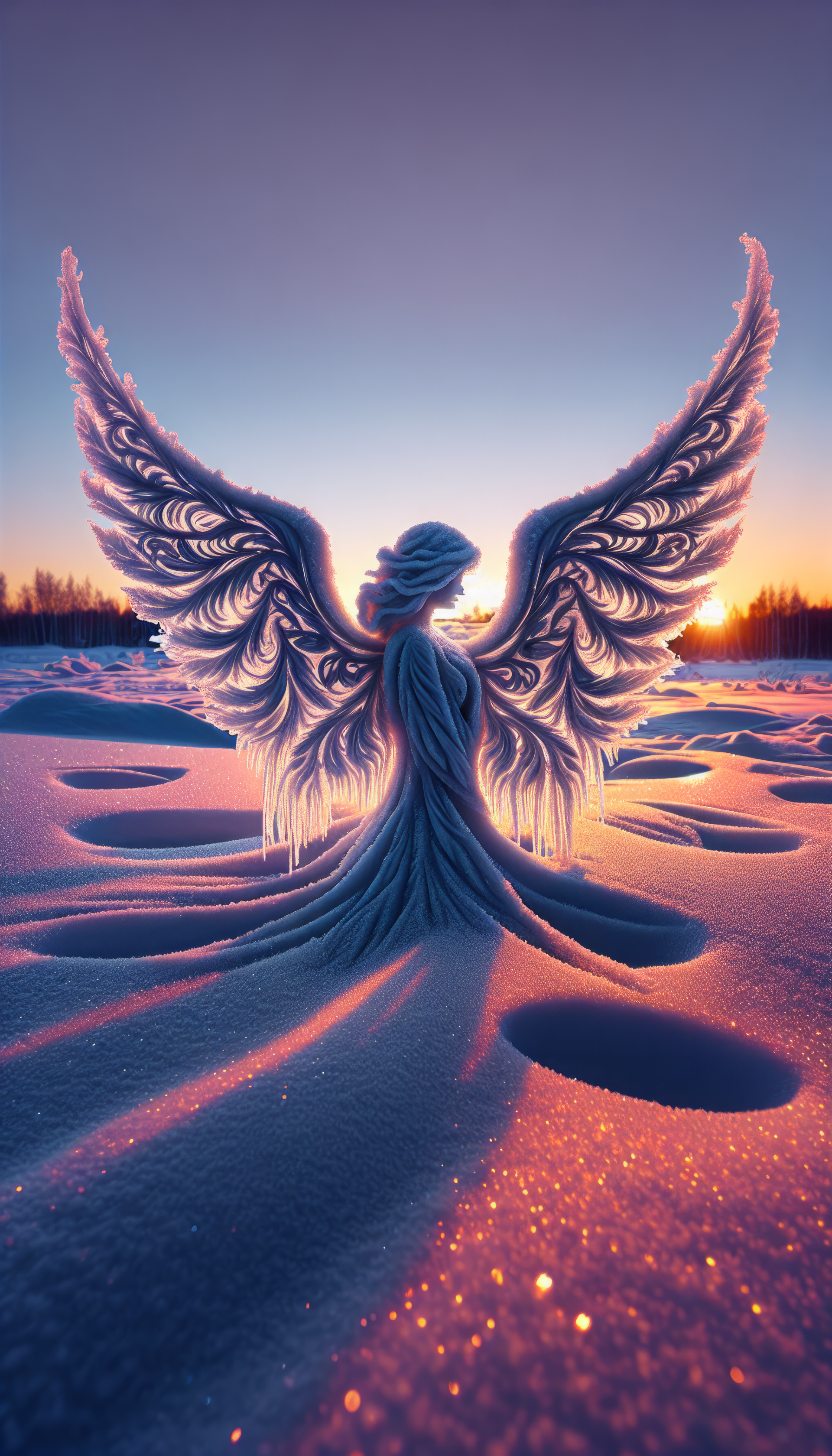 A stunning snow angel stands majestically in a snowy landscape, illuminated by a vibrant sunset, creating a serene and enchanting phone wallpaper.