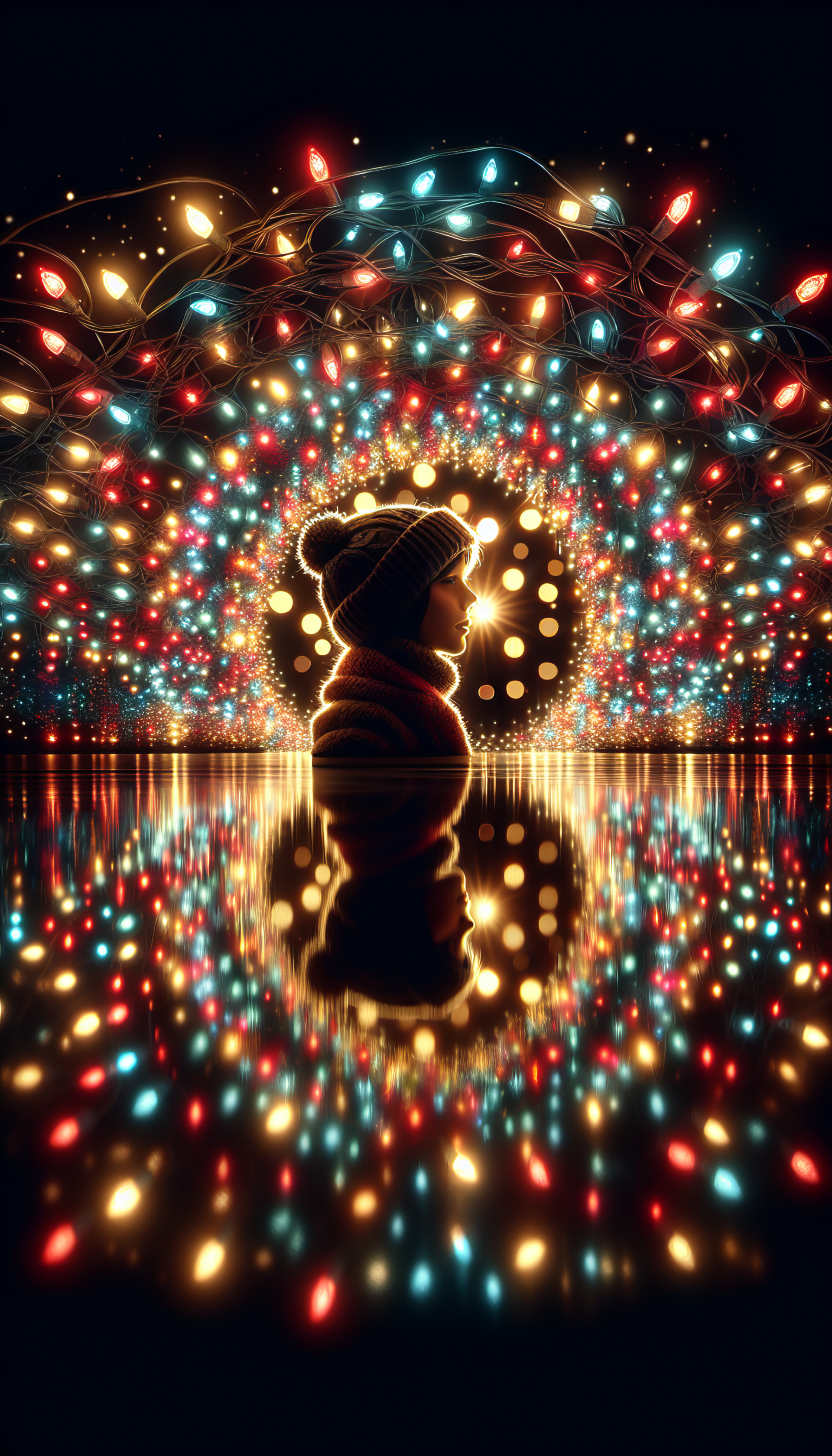 A vibrant phone wallpaper featuring colorful holiday lights forming a circular pattern, with a silhouetted figure in a beanie, reflecting on a shiny surface.