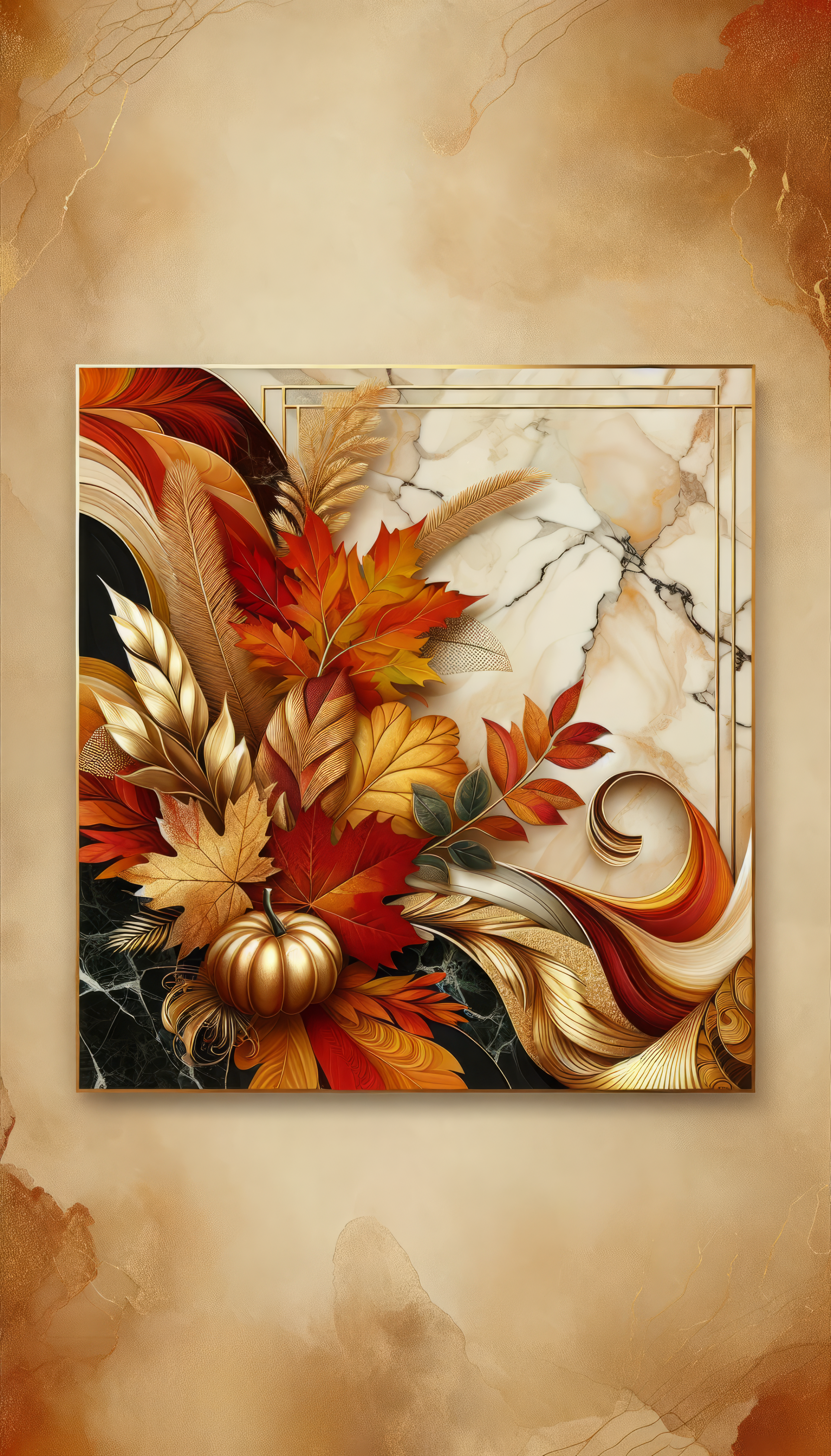 Autumn-inspired phone wallpaper featuring vibrant fall leaves, golden swirls, and a pumpkin on a textured background.