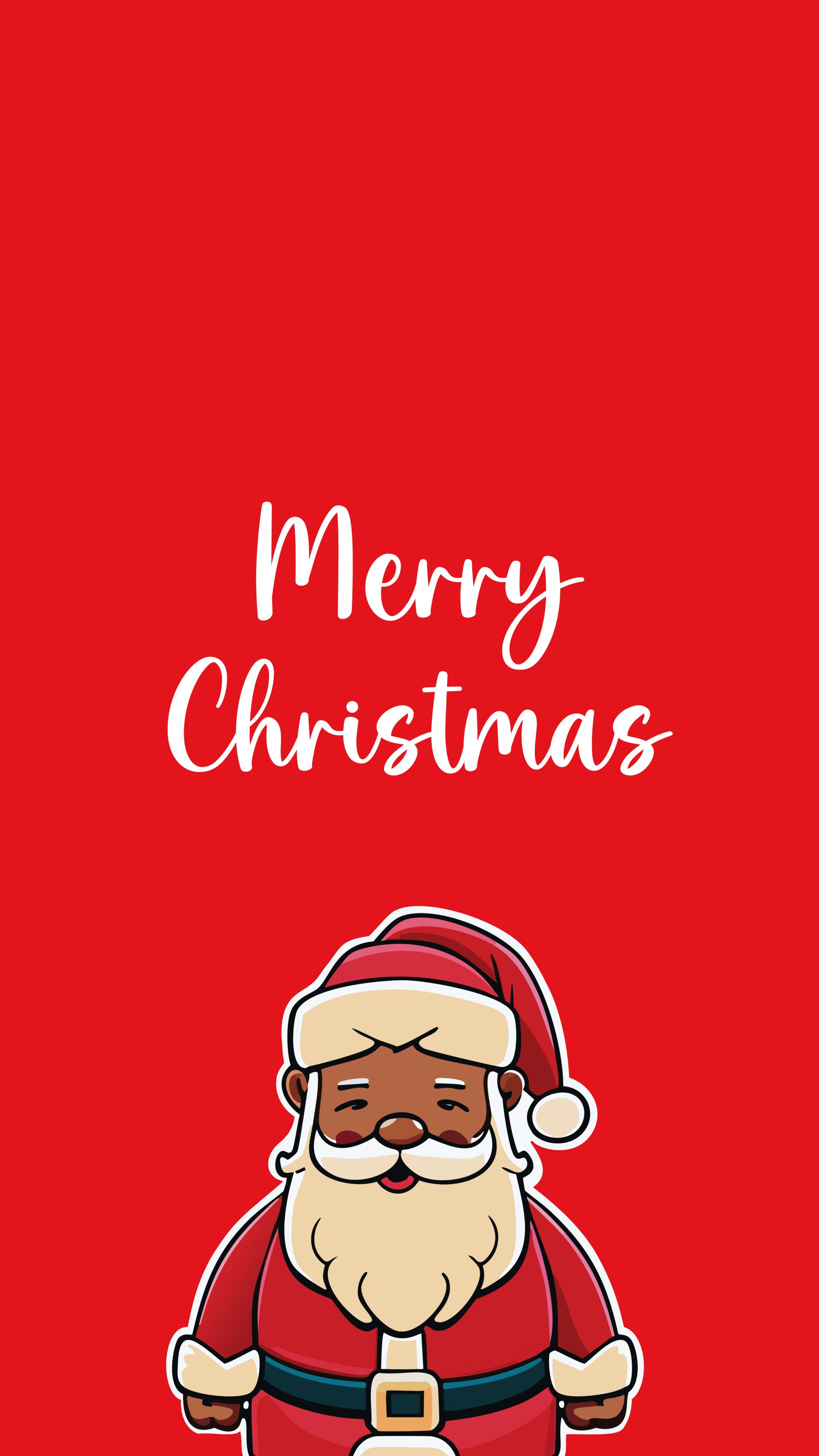 Cartoon-style Christmas phone wallpaper with a red background, Merry Christmas text, and a cheerful Santa Claus illustration, compatible with iPhones and Android devices.