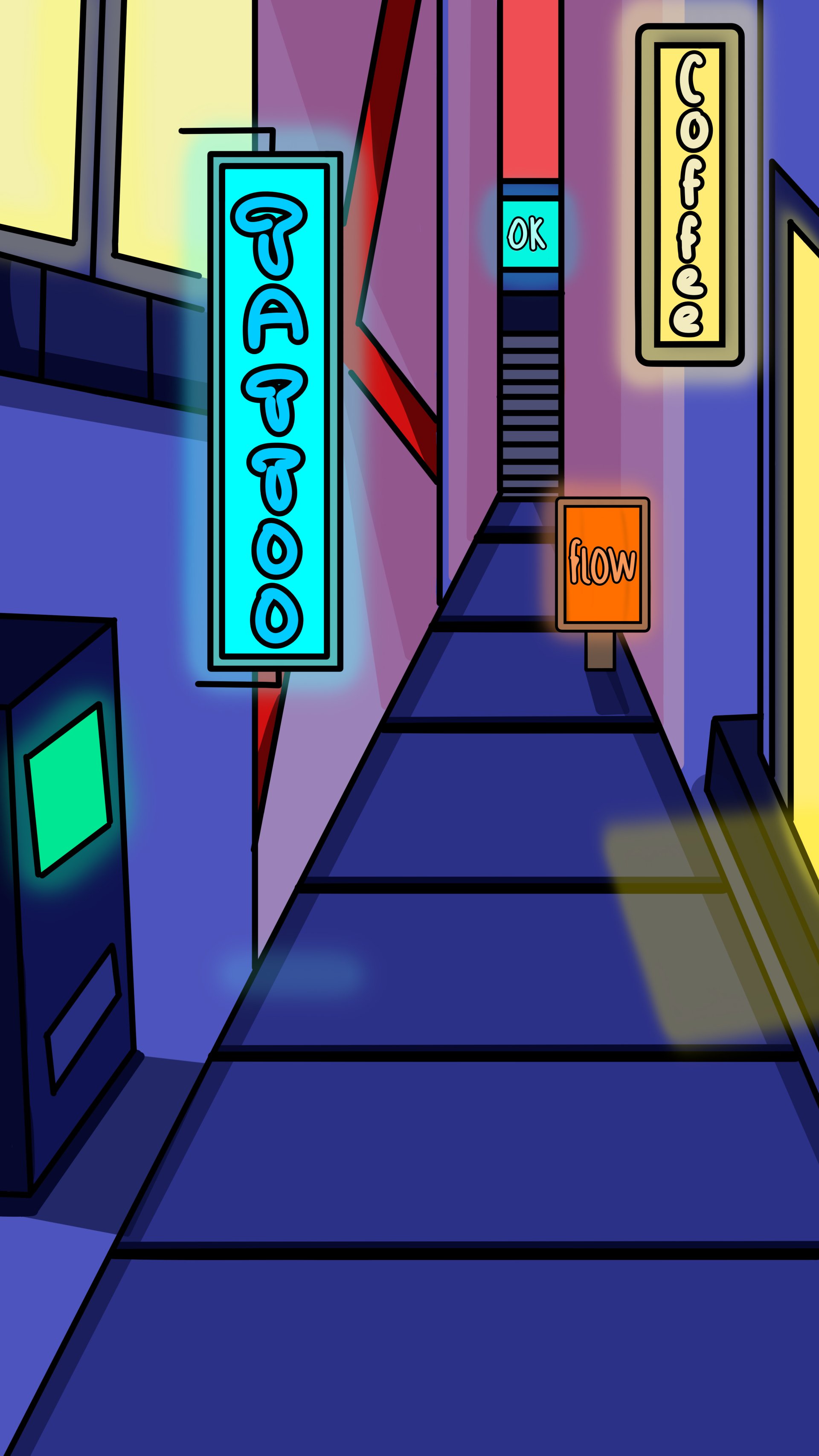 Neon-lit alleyway illustration with glowing signs for tattoo, coffee, and flow, designed as a vibrant phone wallpaper for iPhones and Android devices.
