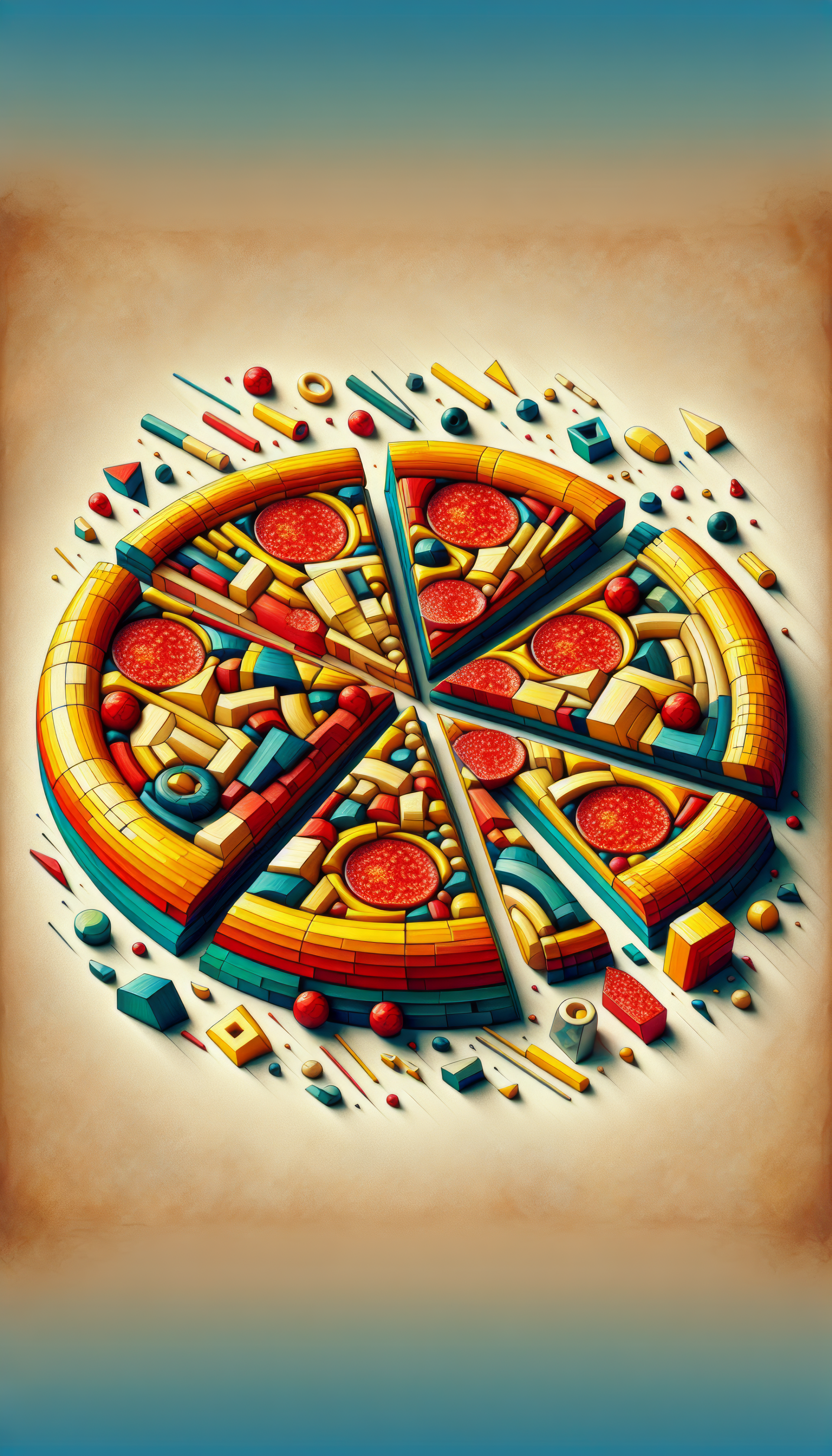 A vibrant, stylized pepperoni pizza graphic with geometric shapes and colors, designed as an eye-catching phone wallpaper.