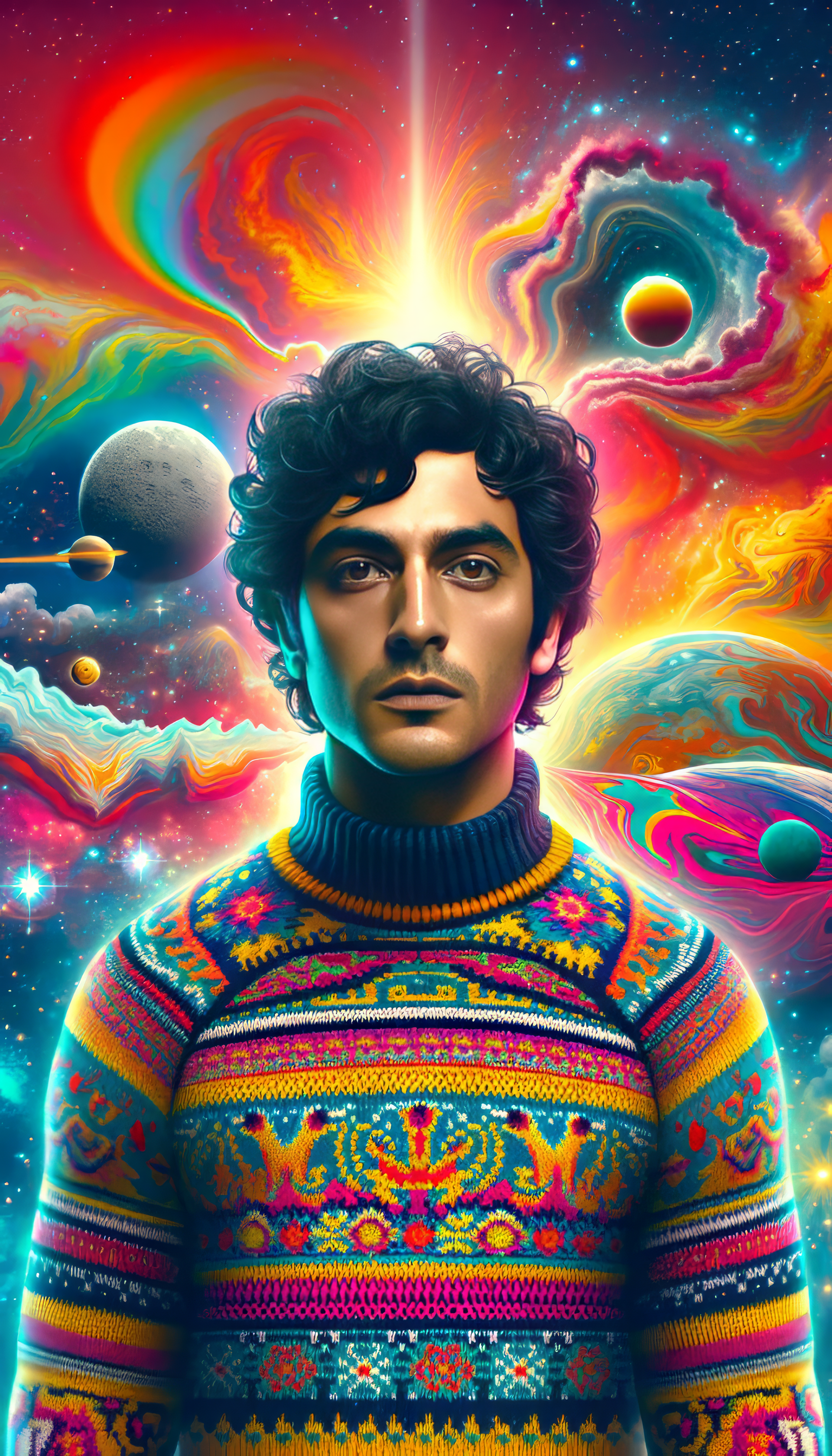 A vivid phone wallpaper featuring a man wearing an ugly sweater, set against a vibrant cosmic background with swirling colors and celestial elements.