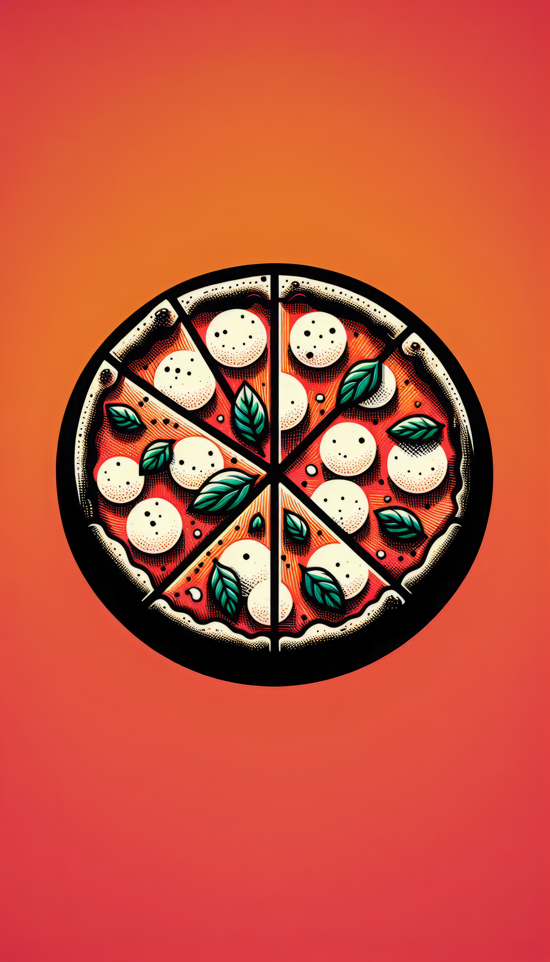 A vibrant margherita pizza graphic with fresh basil and mozzarella, set against a warm orange background, designed as an eye-catching phone wallpaper.