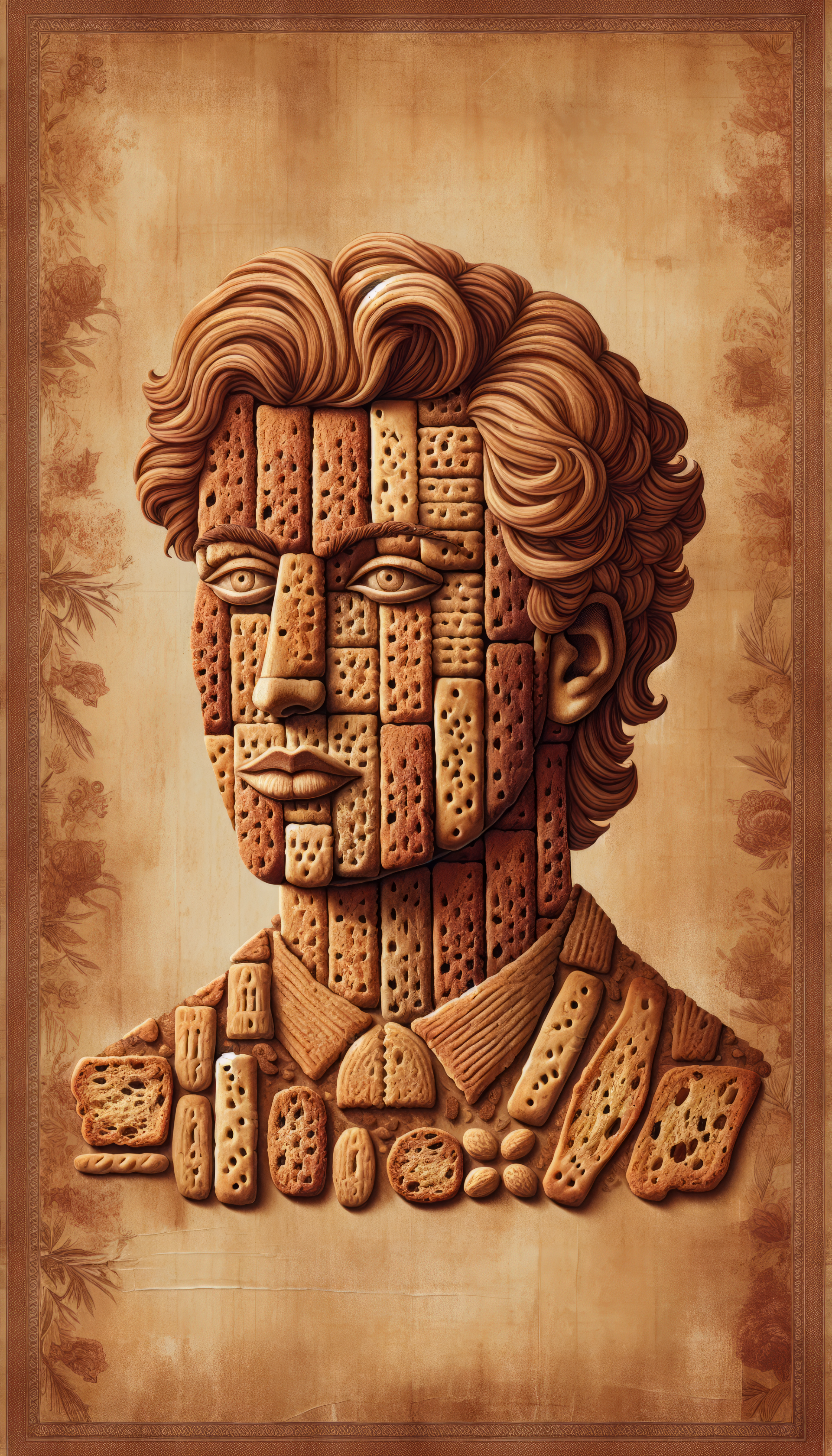 Artistic phone wallpaper featuring a creative biscotti mosaic portrait on a vintage background.