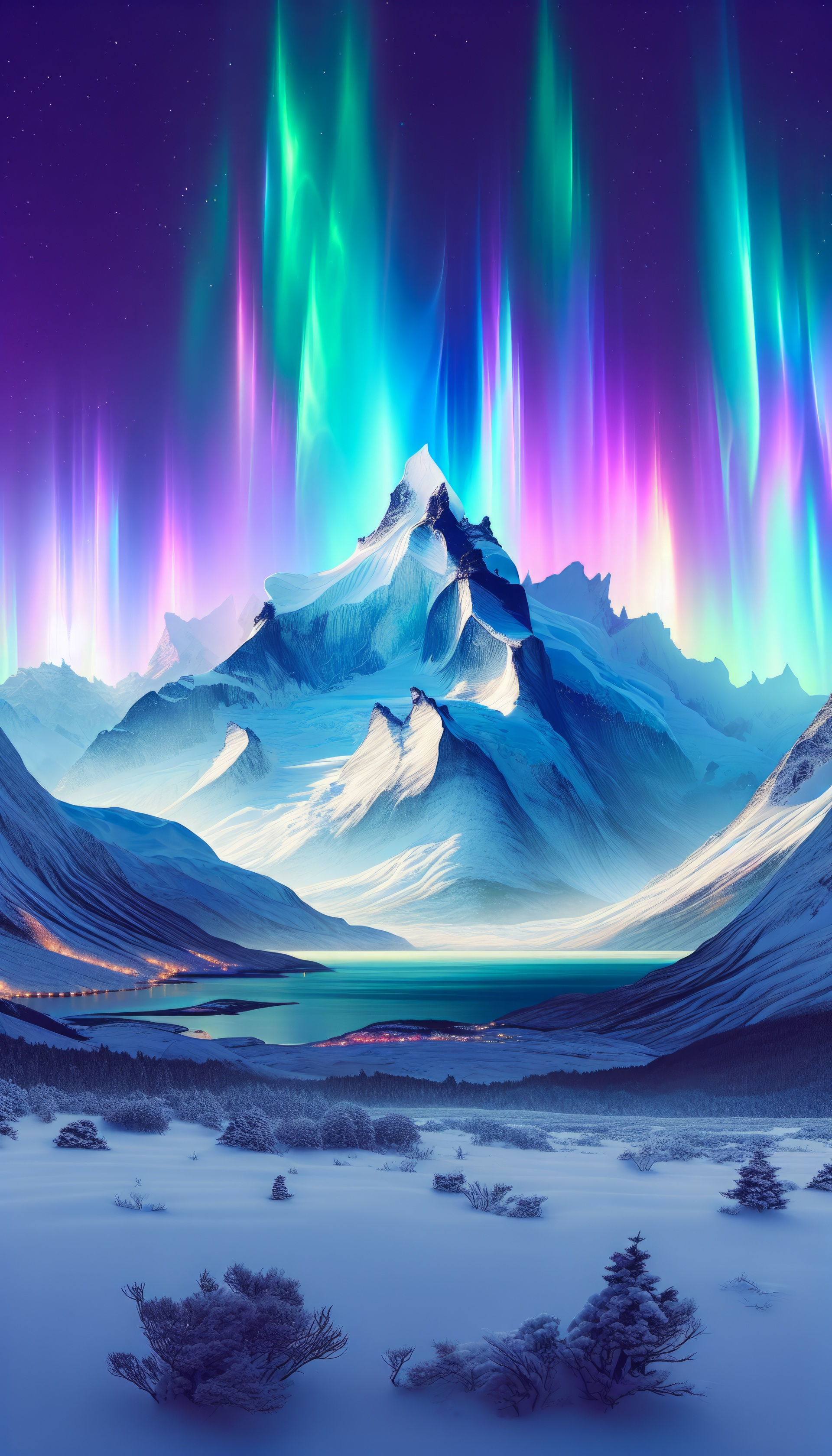 Snowy mountain under northern lights phone wallpaper