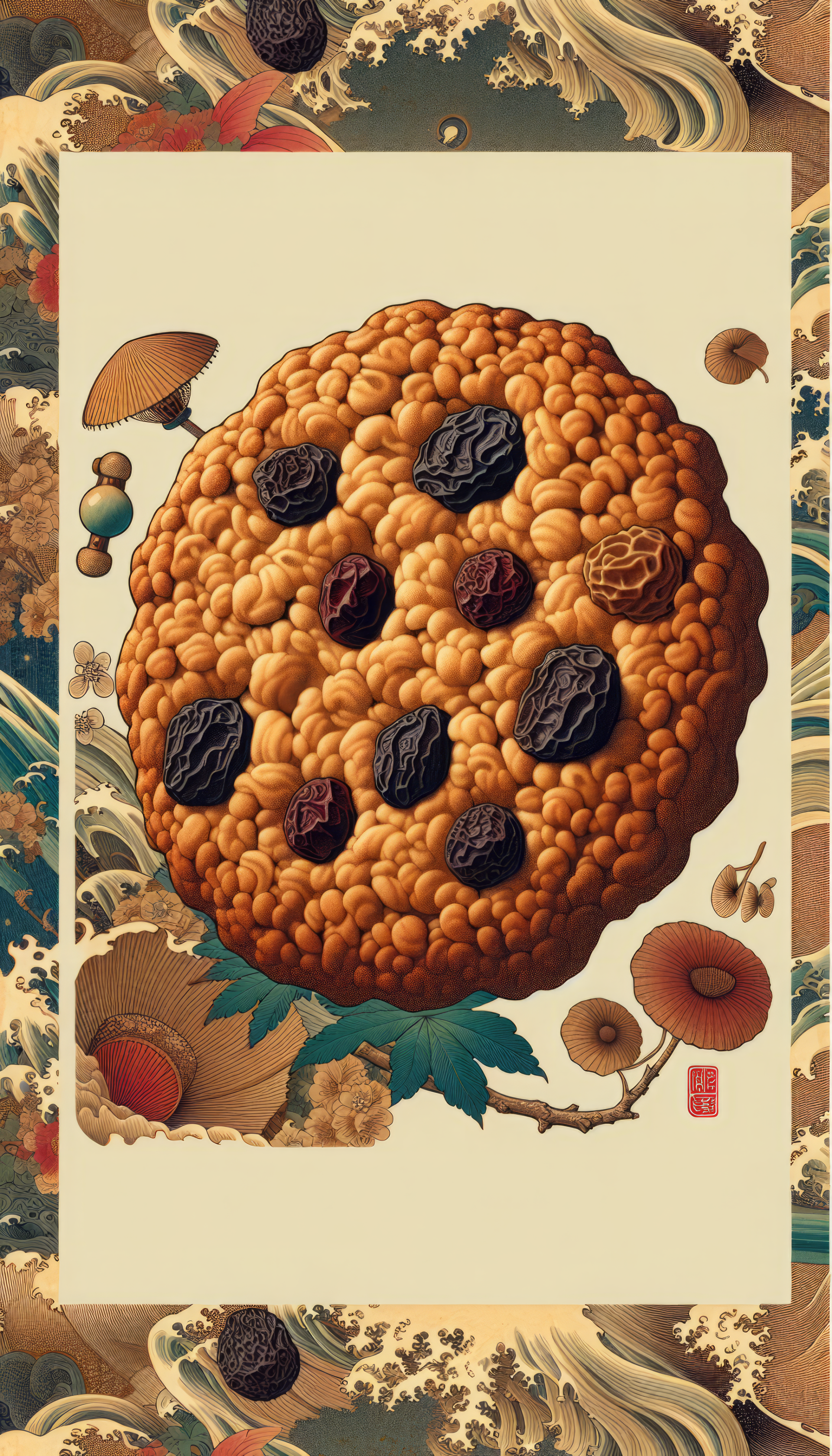 A beautifully illustrated oatmeal raisin cookie serves as a vibrant phone wallpaper, surrounded by decorative elements inspired by traditional art.