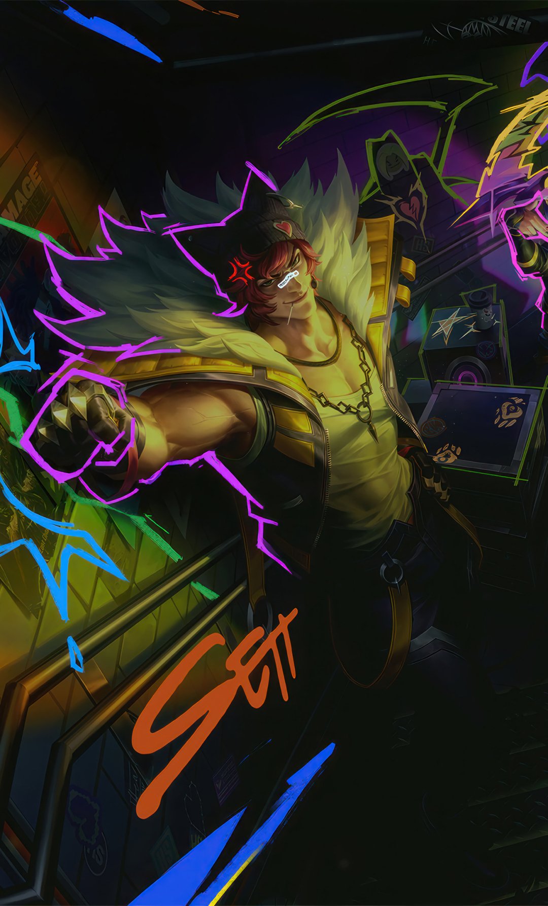 Video game phone wallpaper of Sett from League of Legends: muscular brawler with fur collar and neon outlines, fist forward in an arcade-style background, mobile wallpaper for iPhone and Android.