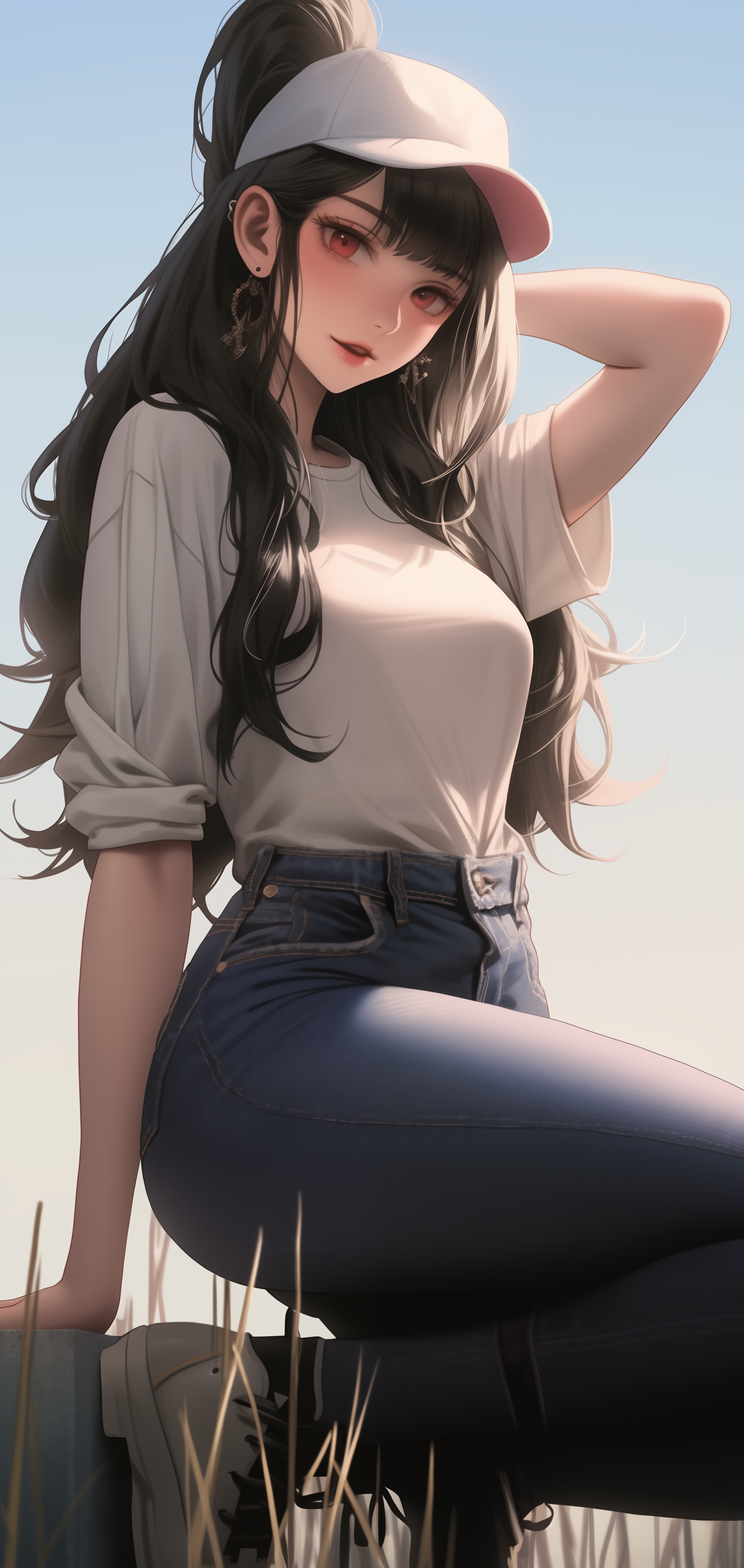 Cartoon-style wallpaper of a beautiful girl with long dark hair wearing jeans, a white tee, and a white cap, posed confidently against a clear sky background.