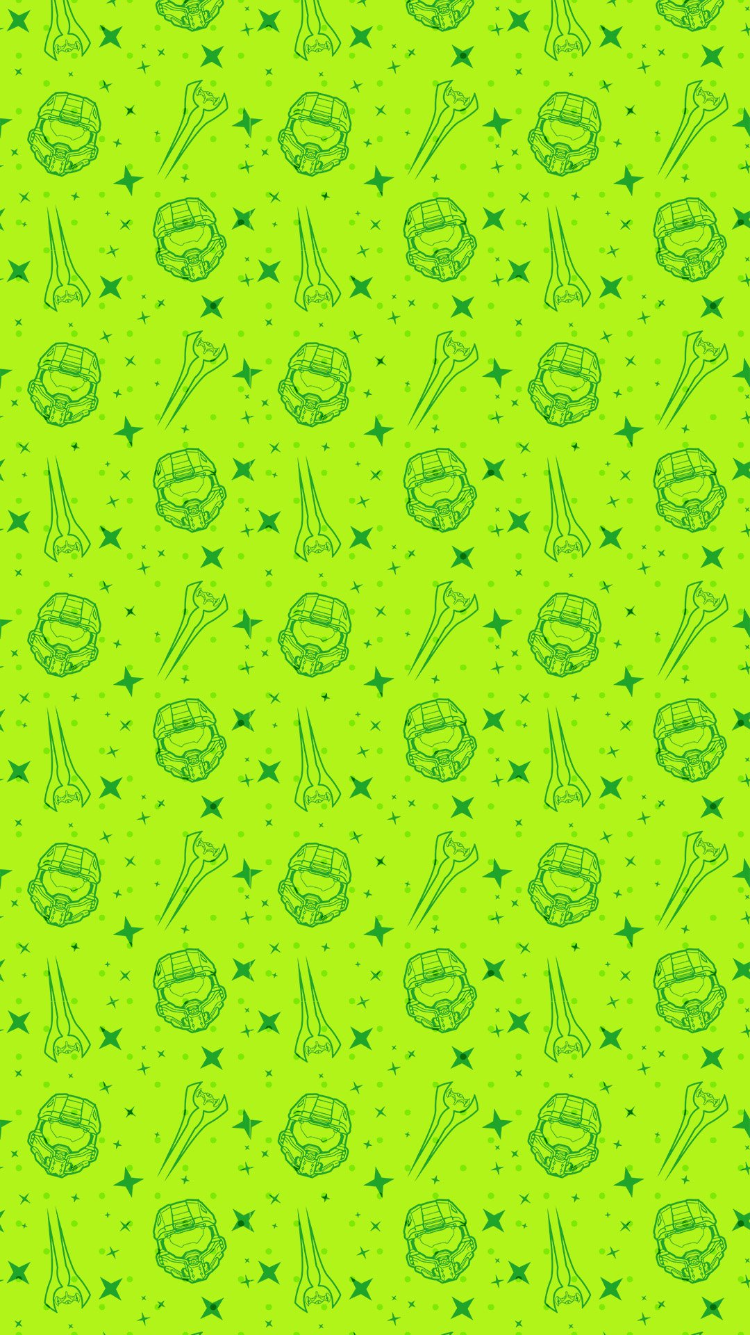 Halo video game-themed phone wallpaper featuring iconic symbols and patterns on a bright green background.